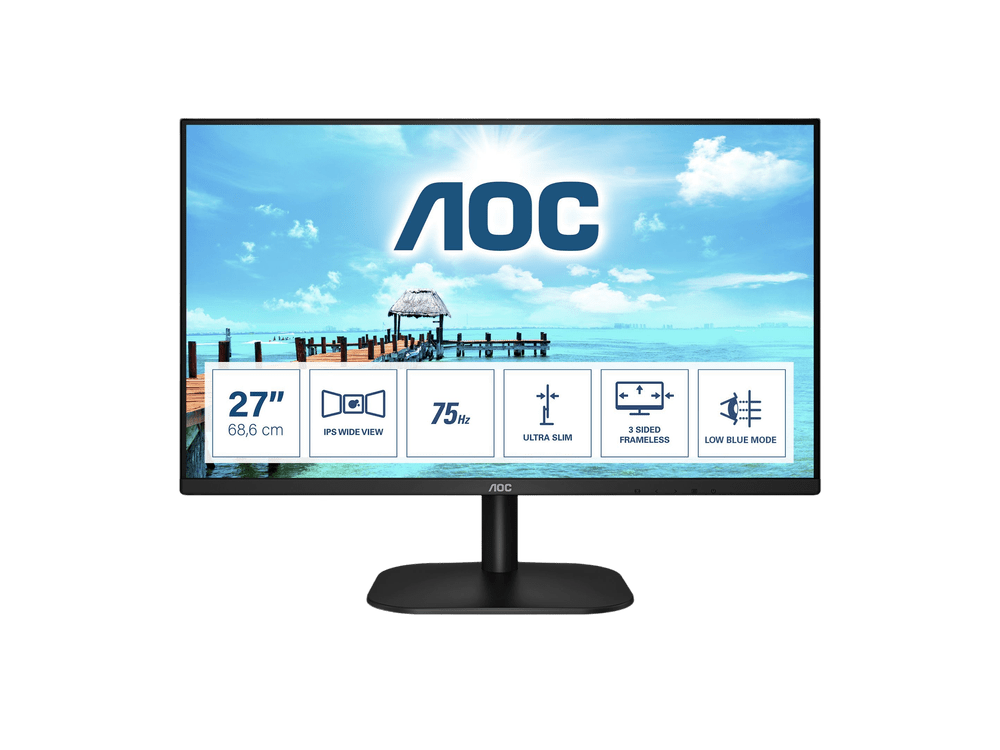 شاشة AOC 27B2H مقاس 27 بوصة، IPS، دقة FHD، 75 هرتز، HDMI، أسود