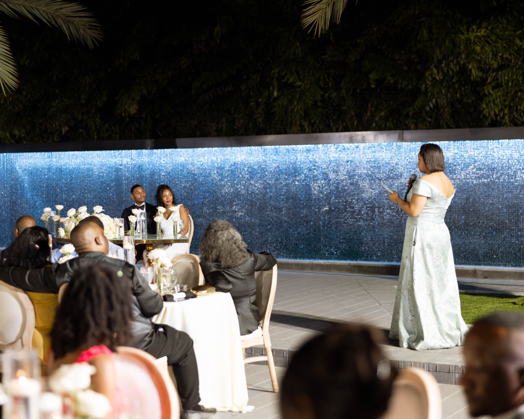 The bride addressing her guests beside the lit waterfall