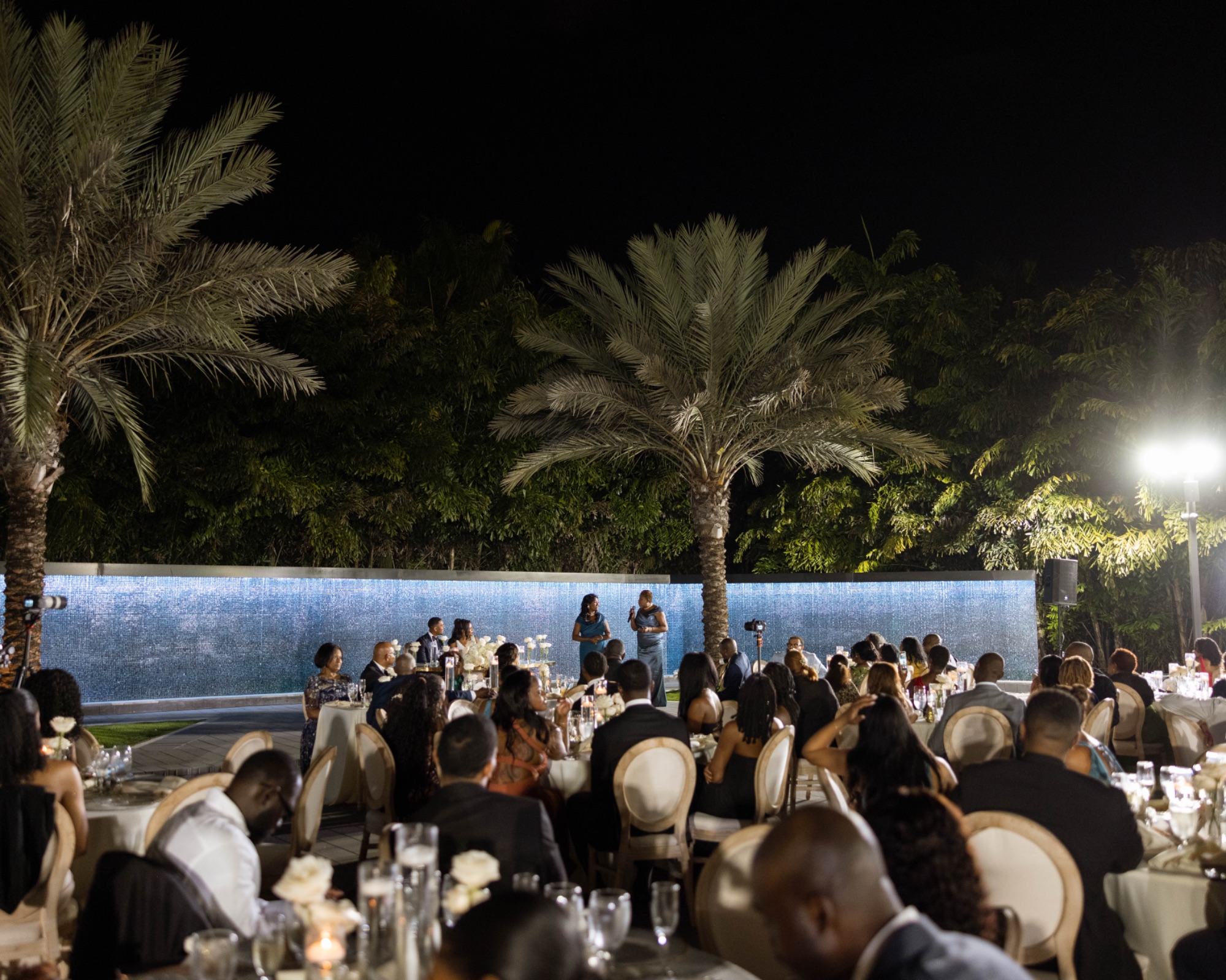 Dinner under the palms beside the venue's waterfall at night