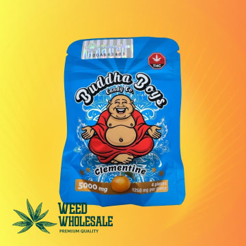 Packaging of Buddha Boys 5000MG – Clementine featuring ultra-potent cannabis edibles with 5000MG THC labeling on the package.