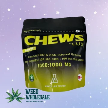 Packaging of Chews by Lux CBD/CBN Gummies showing soft chew gummies with a 1:1 CBD to CBN ratio, 100mg per cannabinoid per gummy, and a 10-count package totalling 1000mg CBD and 1000mg CBN.