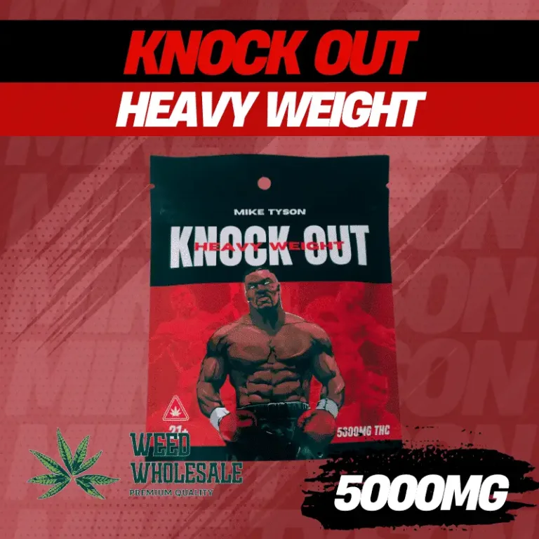 Packaging for Knockout THC Gummies 5000mg, featuring high-potency cannabis-infused edibles. Warning: Extremely high THC content, not suitable for beginners.