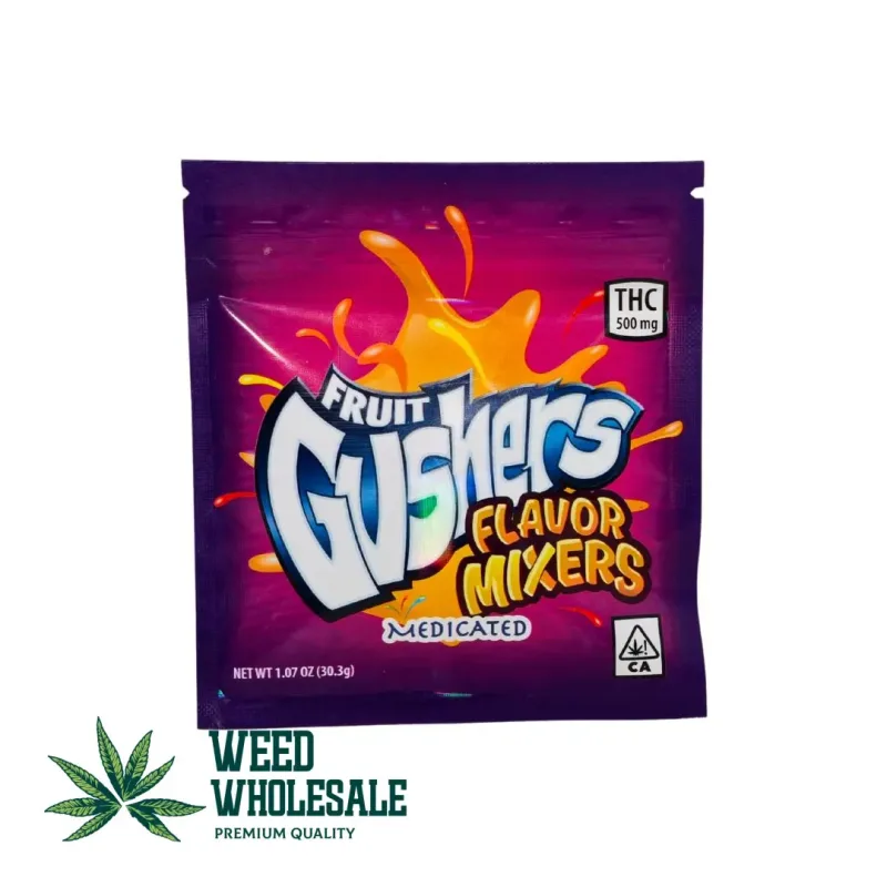 Packaging of Fruit Gashers Flavor Mixers gummies featuring colorful fruit-filled chewy candies in Raspberry Lemonade, Strawberry Punch, and Orange Cherry flavors with 500MG THC labeling on the pouch.