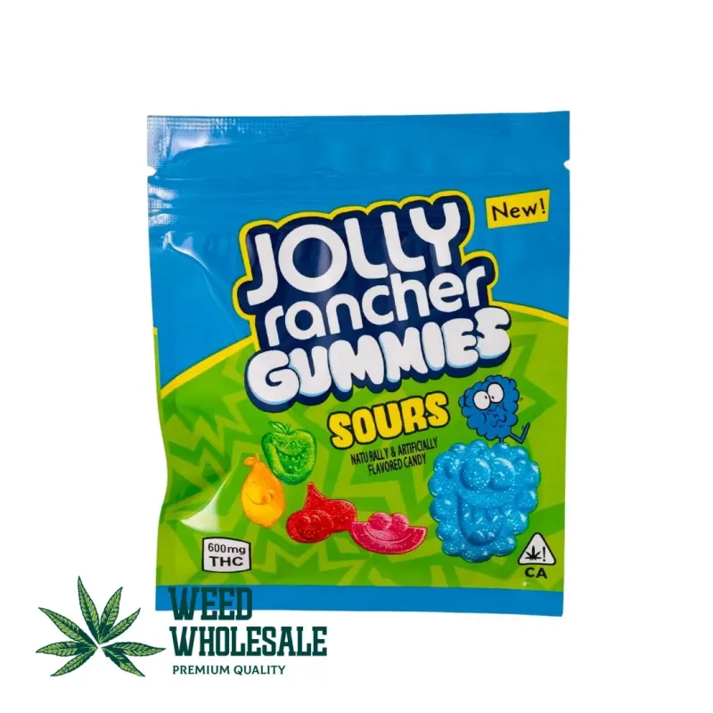 Packaging of Jolly Rancher Gummies Sours featuring colorful sour fruit gummies with tangy sugar coating and 600MG THC labeling on the front of the pouch.