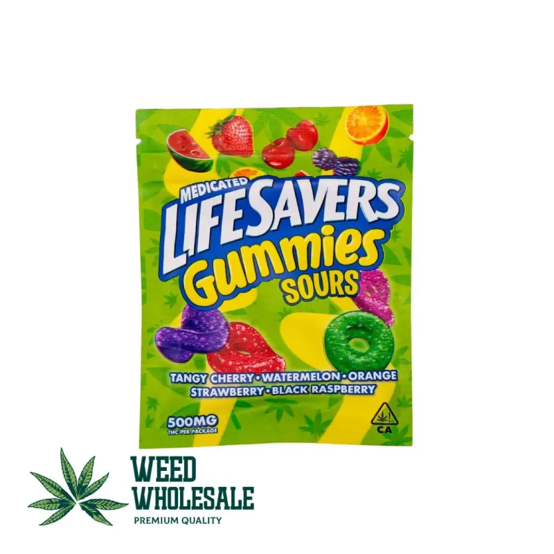 Packaging of Lifesavers Gummies Sour featuring colorful ring-shaped sour gummies with sugar coating and 500MG THC labeling on the front of the bag.