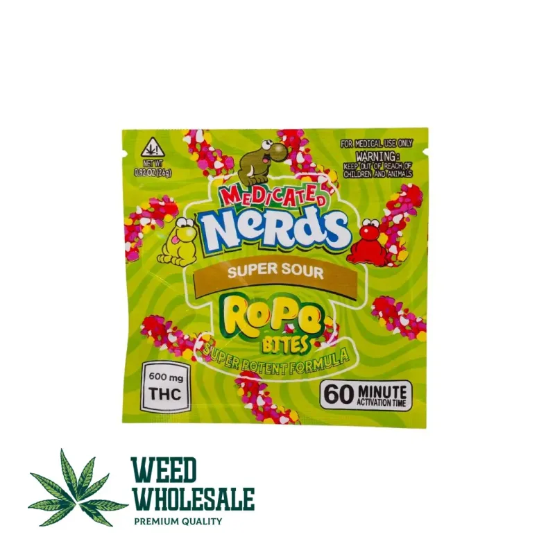 Packaging of Nerd Rope Bites Super Sour gummies that feature colorful crunchy candy-coated bites with sour sugar coating and 600MG THC labeling on the front.