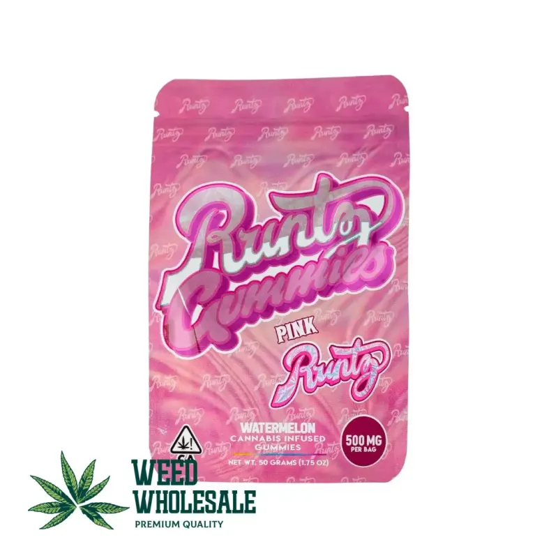Packaging of Runtz Watermelon Gummies showing pink watermelon-flavoured candy pieces with a glossy finish and 500MG THC label on the front.