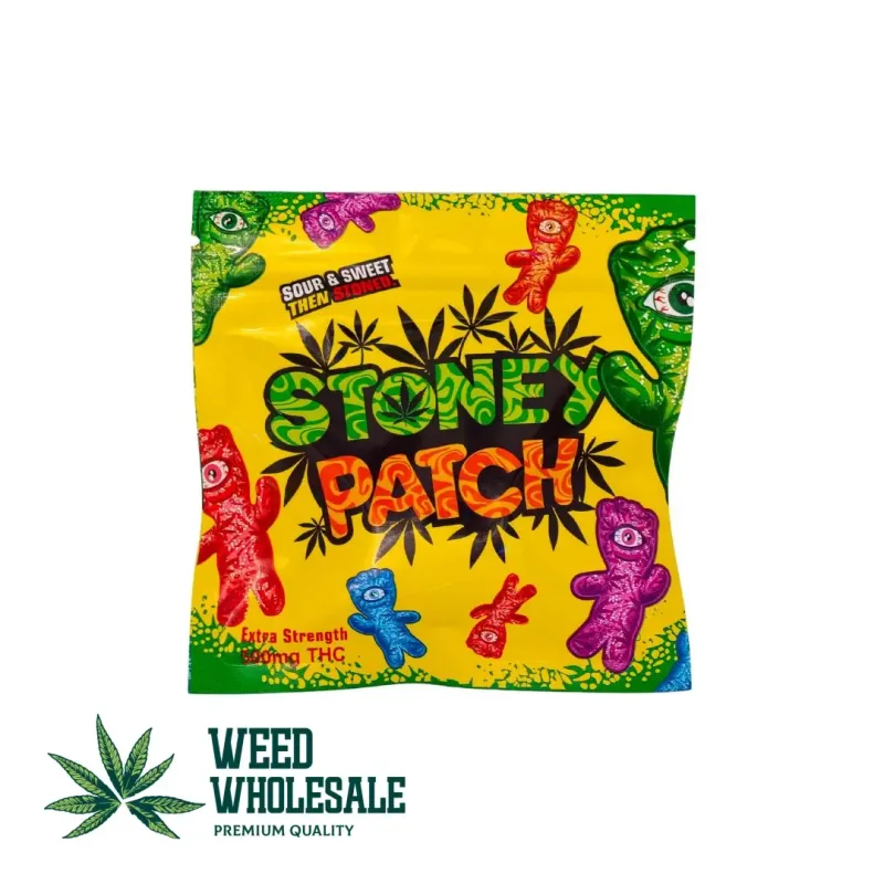 Packaging of Stoney Patch Gummies featuring colorful sour candy-style gummies with sugar coating and 500MG THC labeling on the front of the bag.