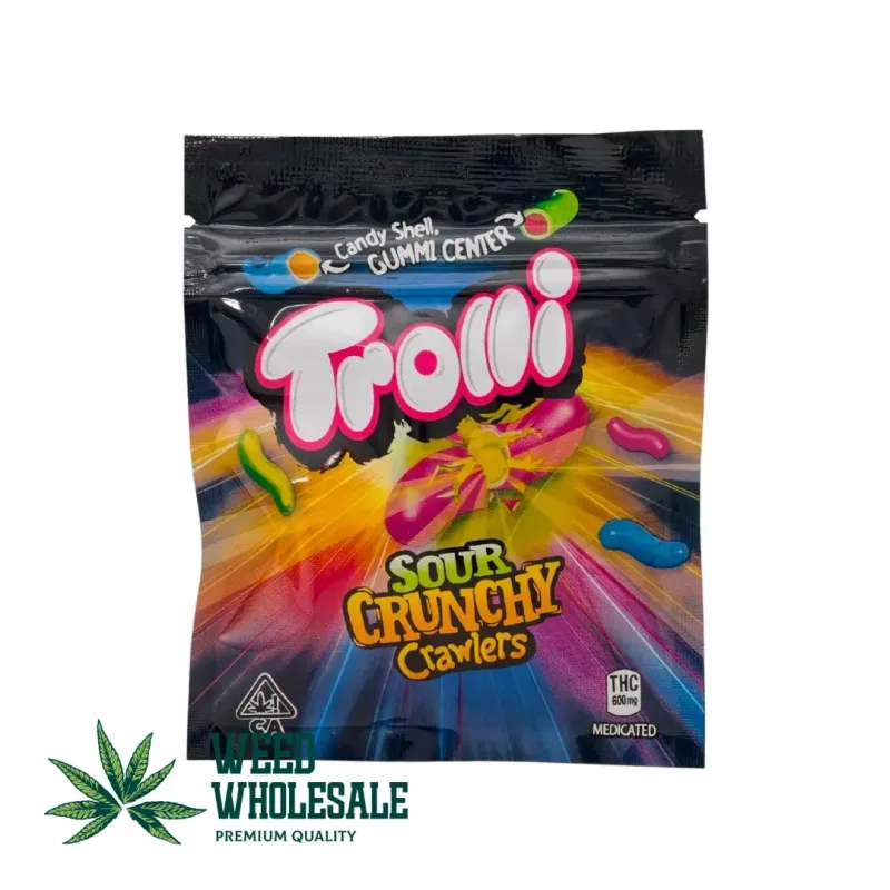 Packaging of Trolli Sour Crunchy Crawlers Gummies featuring colorful sour gummy worm candies, crunchy sugar coating, and 600MG THC labeling on the front of the bag.