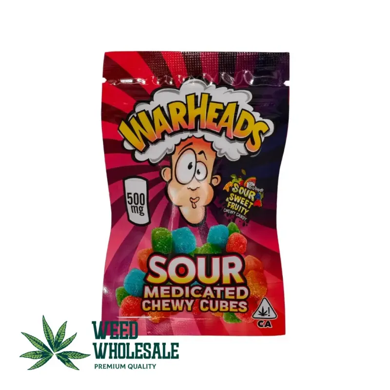 War Heads Sour Medicated Chewy Cubes 500MG THC are colorful sweet-and-sour cannabis edibles with a chewy texture and fruity candy flavor.