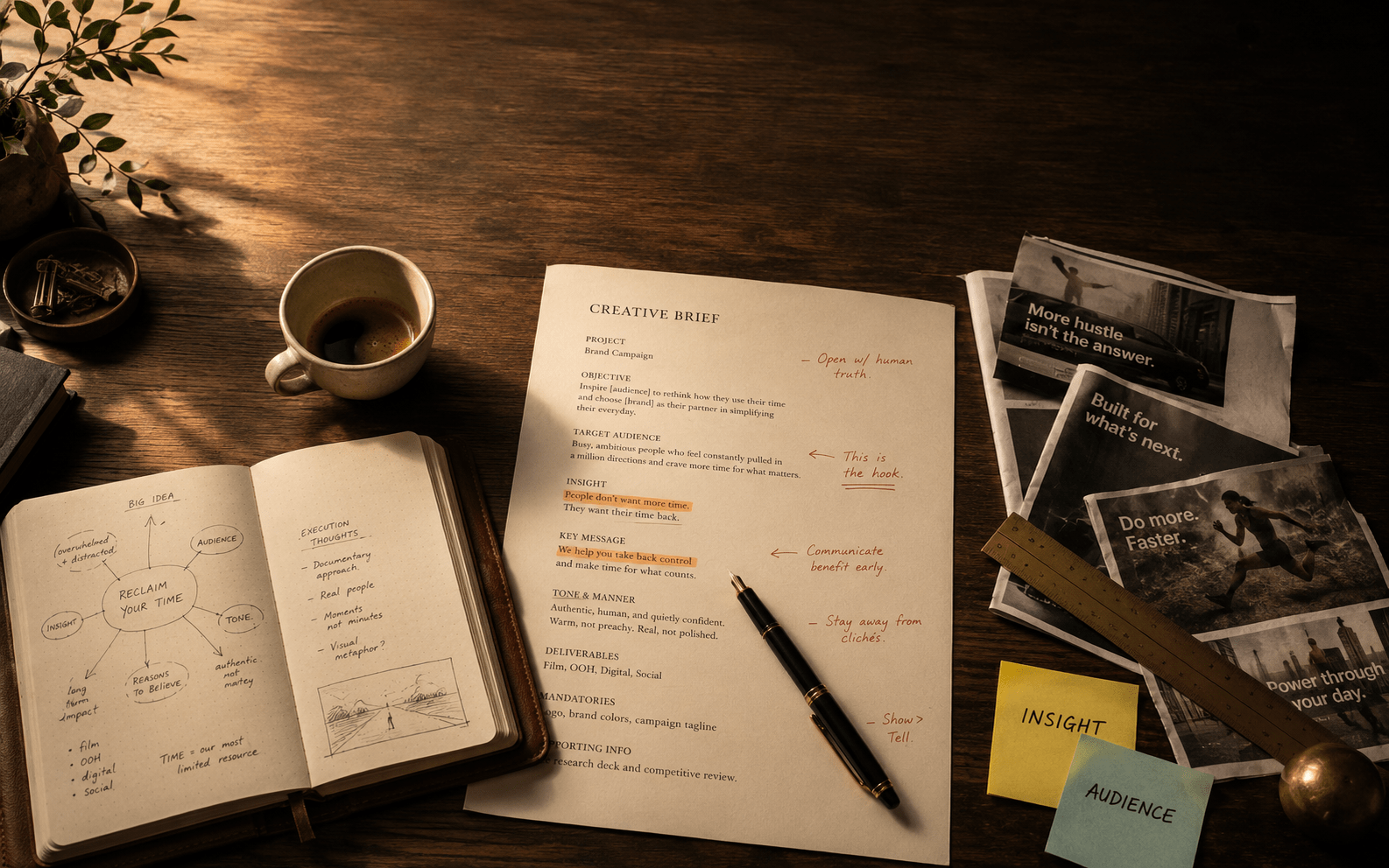 Một buổi briefing trực tiếp giữa client và team creative tại agency, người chiến lược trình bày brief và team sáng tạo ghi chép, sketch trên giấy