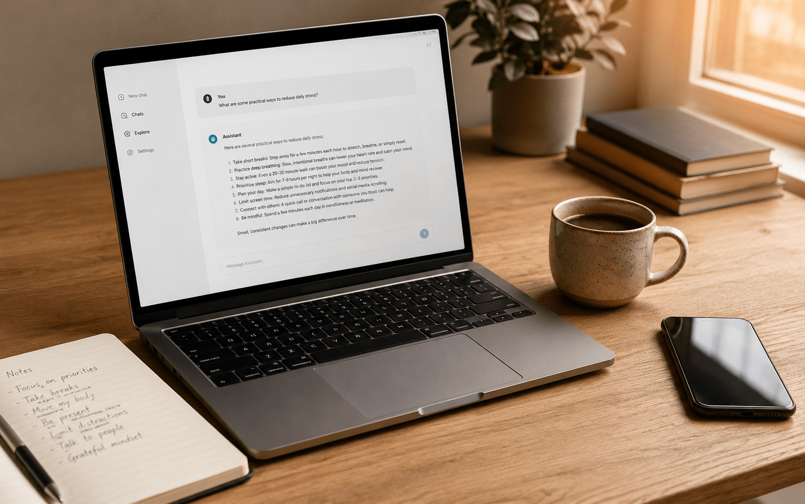 Một người dùng gõ câu hỏi vào trợ lý AI trên màn hình laptop