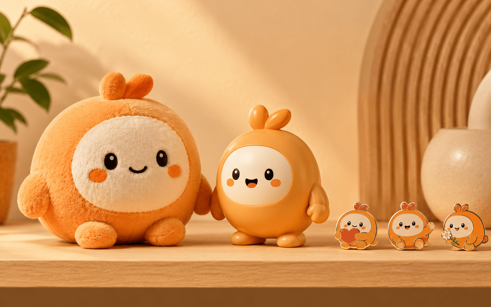 Linh vật thương hiệu được in trên ly giấy, túi vải, tờ sticker và hộp bao bì