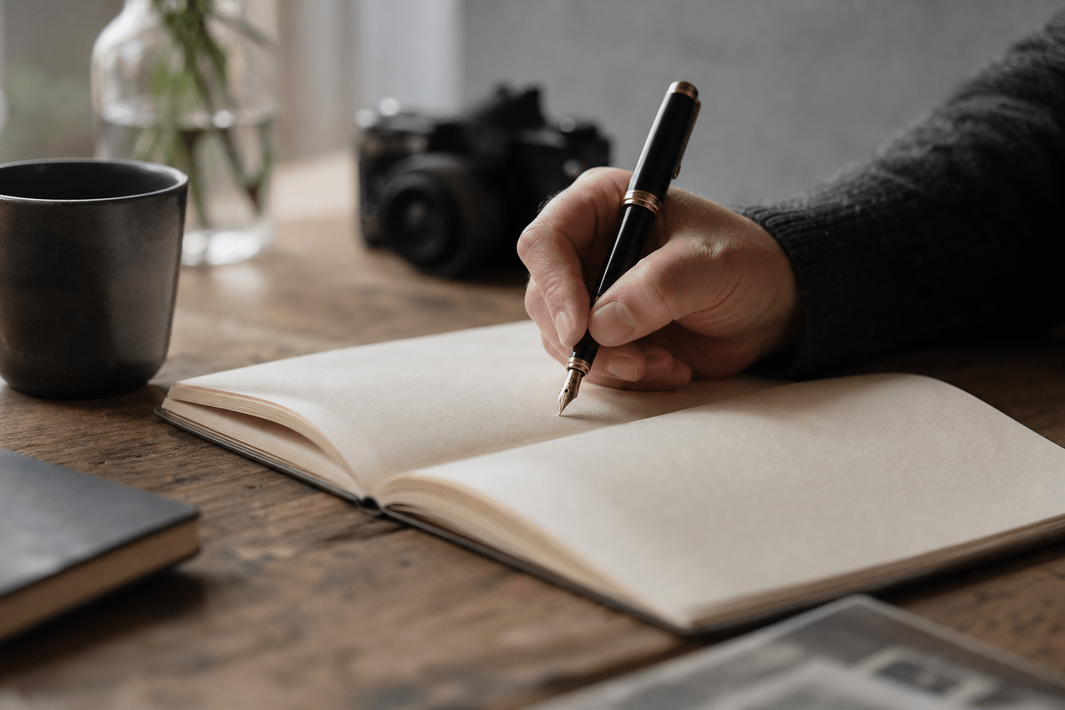 Một cuốn photo book mở ra trên bàn cho thấy các trang hình ảnh và bố cục gọn gàng