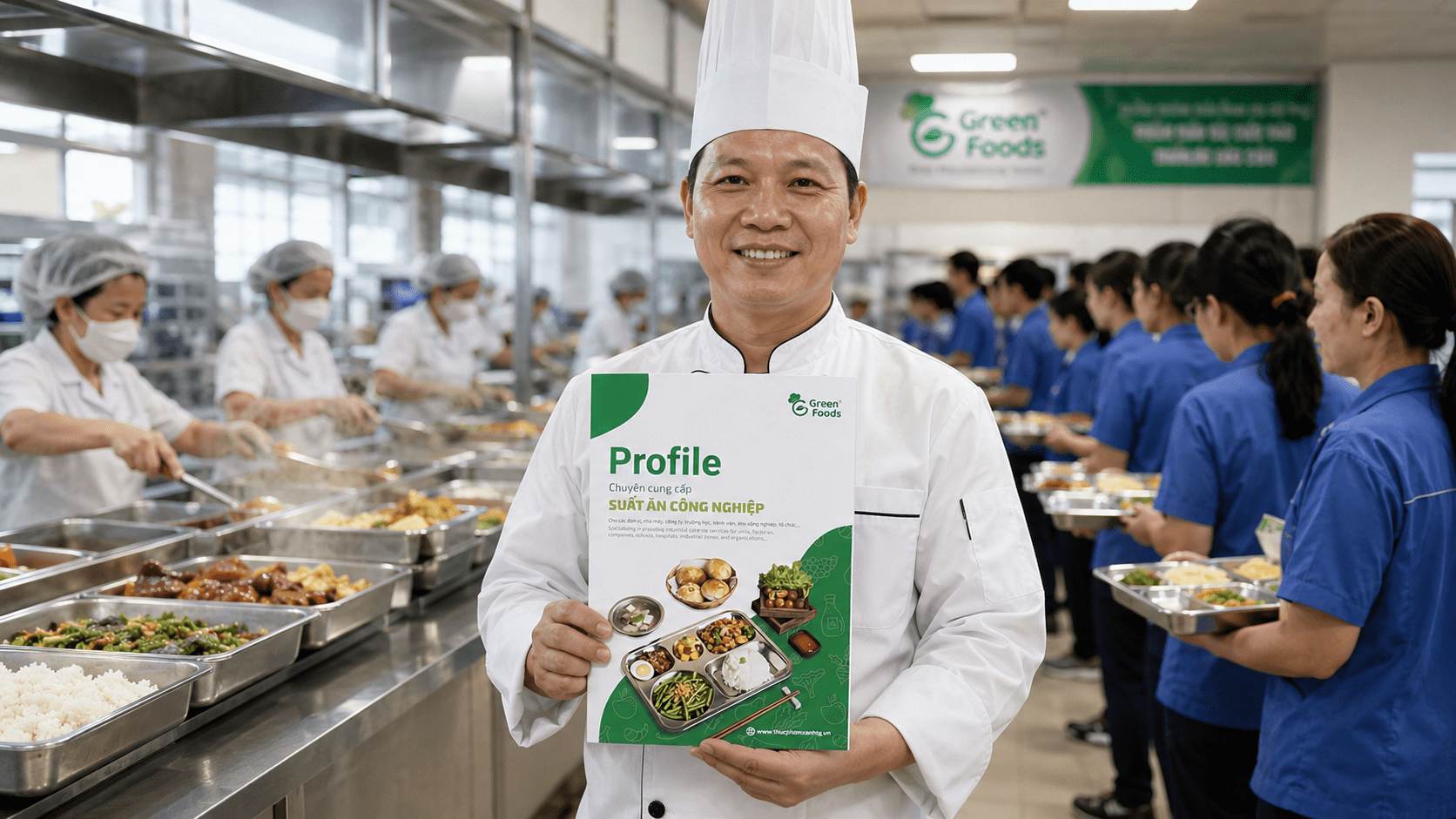 Xe giao suất ăn dừng trước cổng nhà máy lúc bình minh, công nhân vào ca, hai nhân viên bê thùng giữ nhiệt