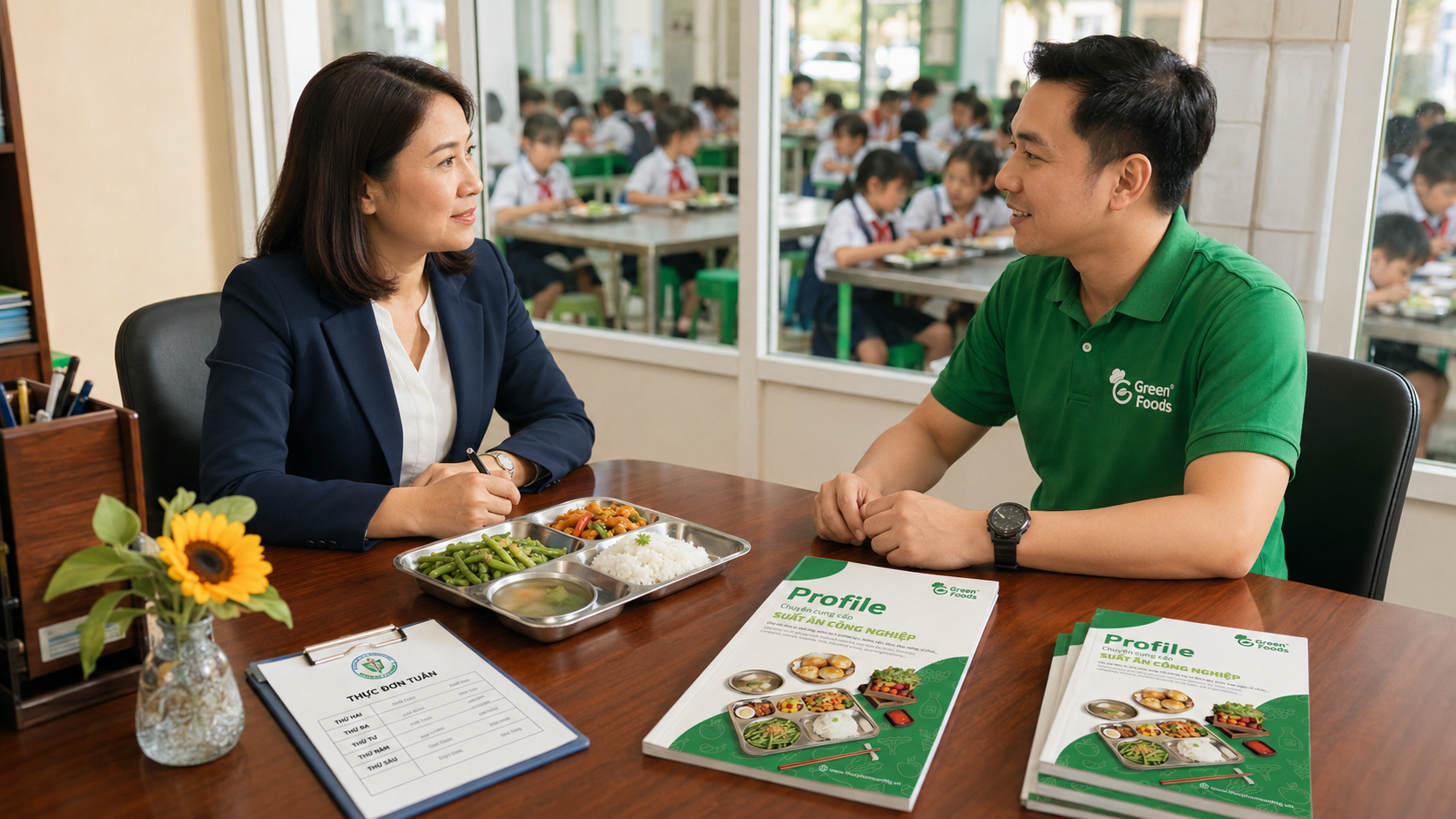 Khay suất ăn công nhân đầy đặn với cơm, rau, món mặn, canh và một bảng menu tuần đặt bên cạnh