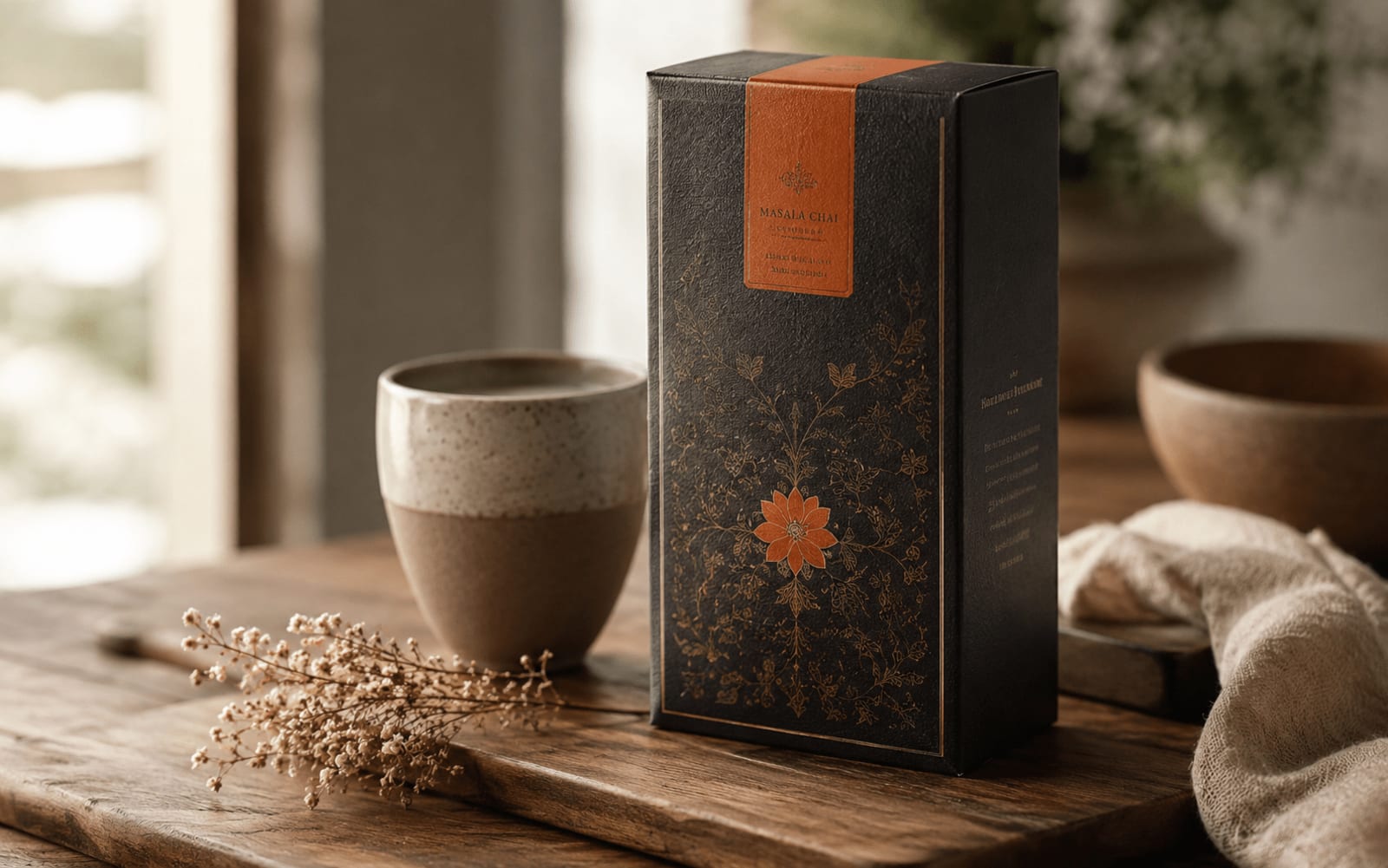 Bao bì cao cấp hiện đại tích hợp tinh tế một hoạ tiết dân gian được cách điệu, đặt trên mặt gỗ ấm với bảng màu đất sang trọng