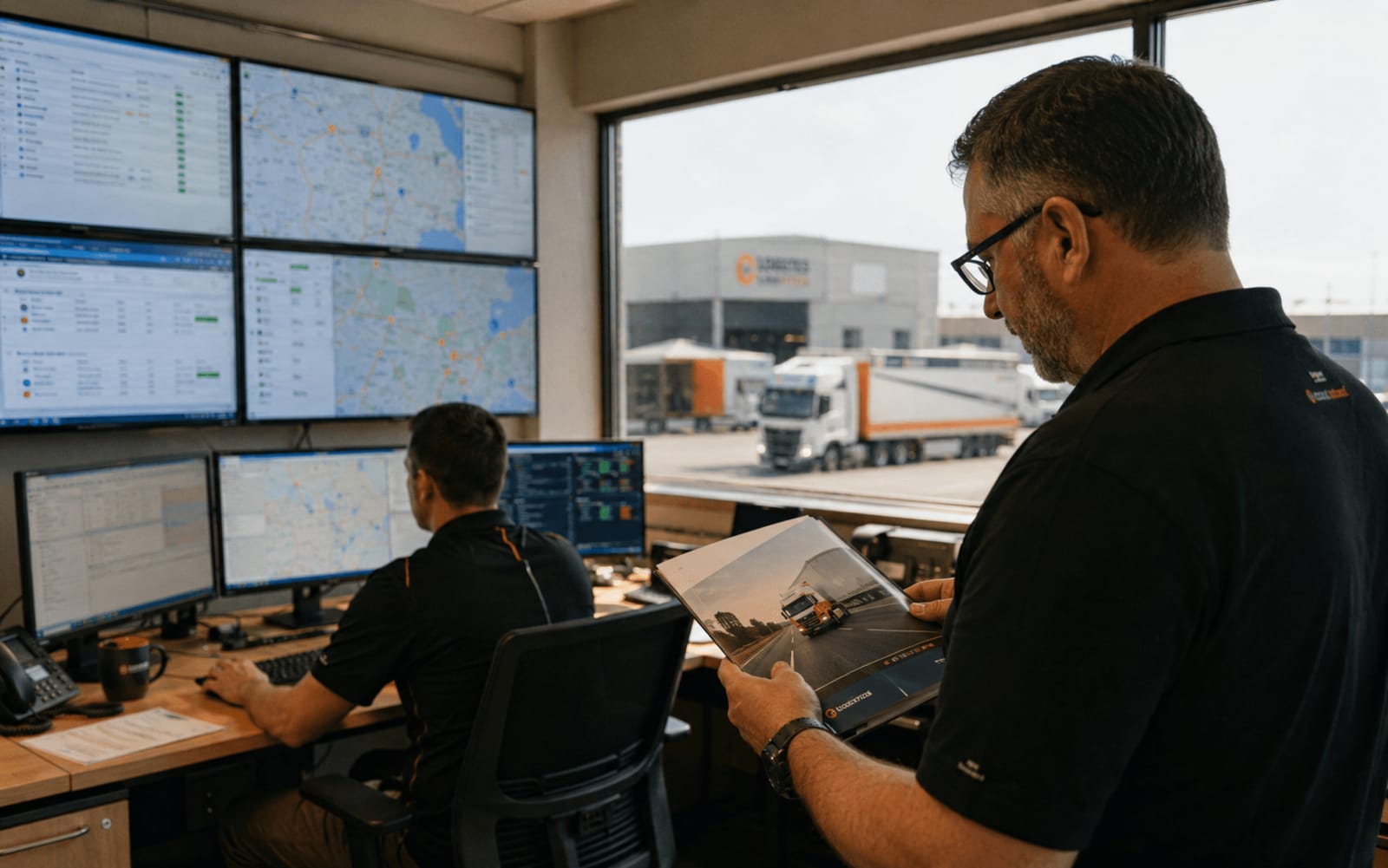 Phòng điều hành logistics với màn hình theo dõi tuyến và trạng thái giao hàng, quản lý đang xem một quyển hồ sơ năng lực in