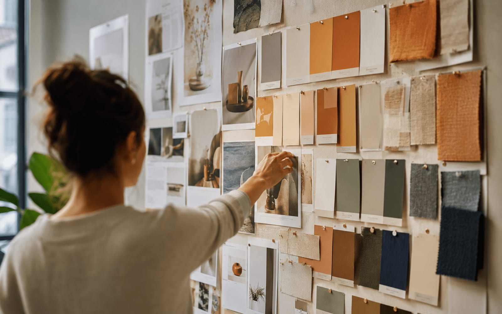 Bảng moodboard trong studio thiết kế với các dải màu, mẫu vải và thẻ màu sắp xếp theo sắc độ để chọn bảng màu thương hiệu