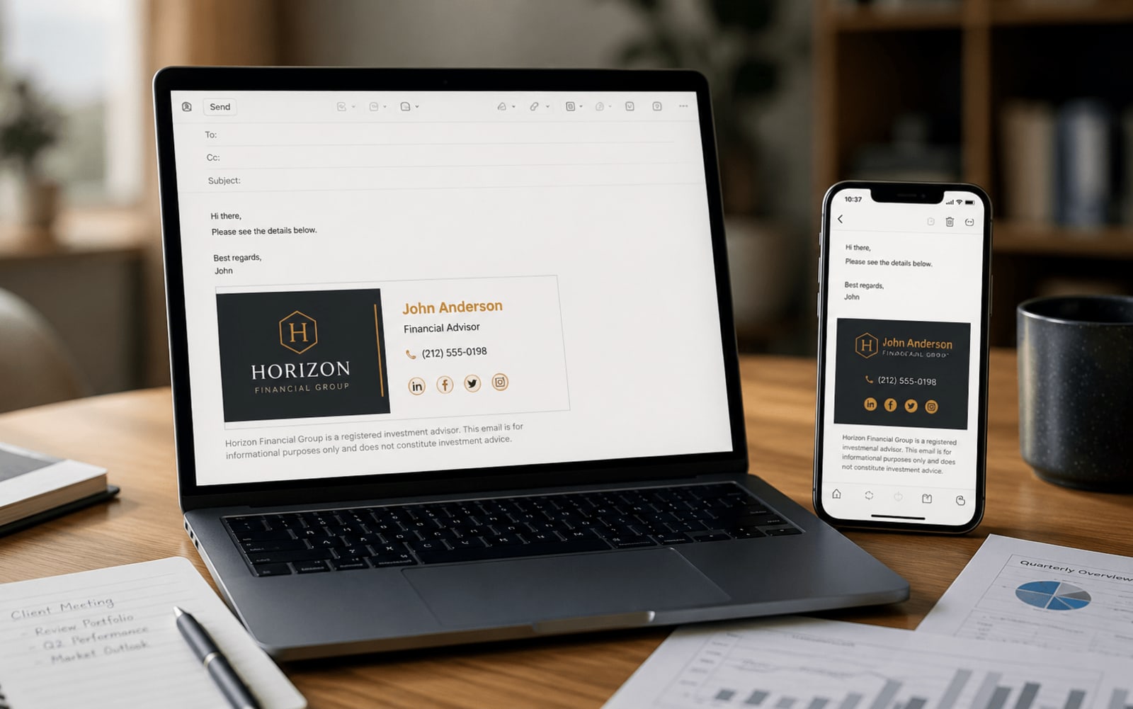 Màn hình laptop và điện thoại hiển thị cùng một chữ ký email chuyên nghiệp với logo, tên, chức danh và icon mạng xã hội