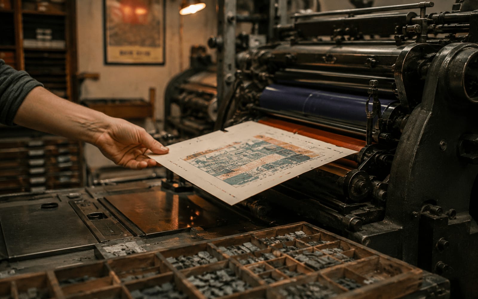Máy in letterpress đang in một tờ giấy với kết cấu mực dày và dấu căn lề, khay chữ kim loại trong xưởng in