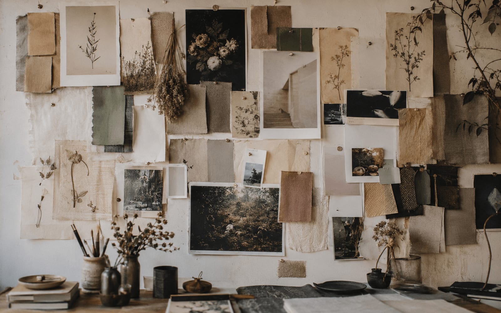 Bức tường moodboard nhiều lớp với giấy xé tay, mẫu vải, lá ép và ảnh in được ghim lên, đầy chất liệu tự nhiên
