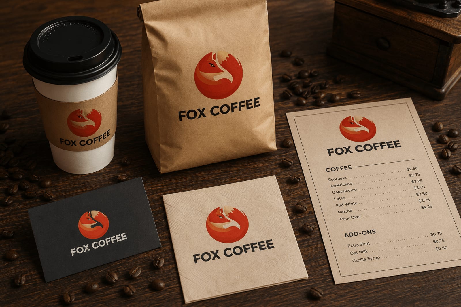 Bộ ấn phẩm Fox Coffee đồng bộ trên nhiều hạng mục, cho thấy nhận diện nhất quán khi áp dụng thực tế