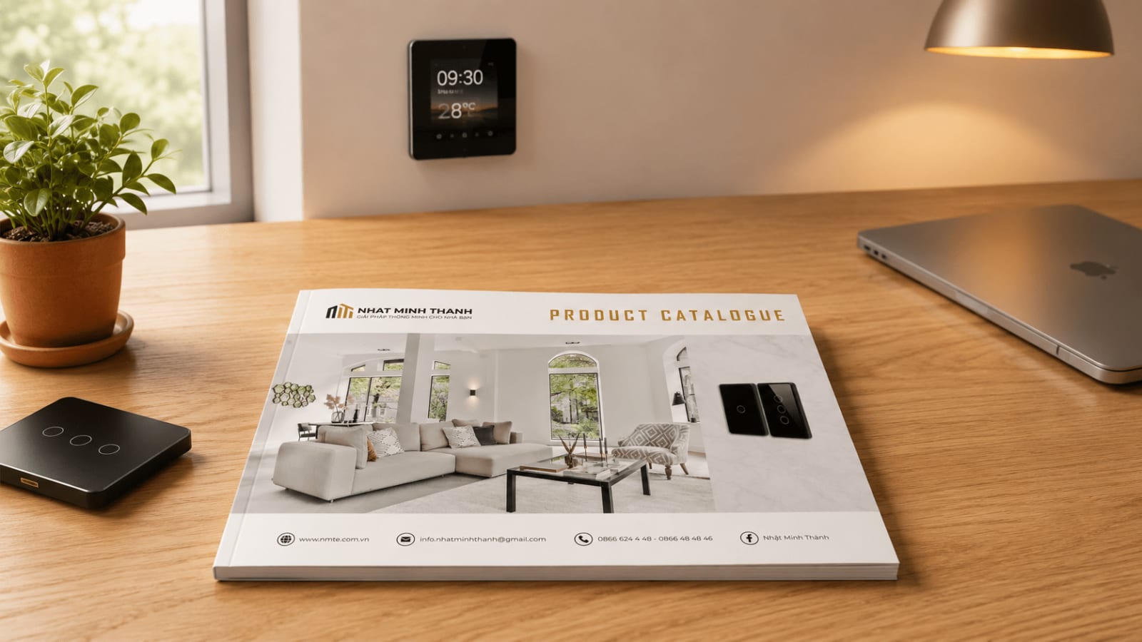 Bìa catalogue smart home NHẬT MINH THÀNH khổ A4 ngang, logo vàng kim ép kim trên nền phòng khách hiện đại có smart panel cảm ứng đen