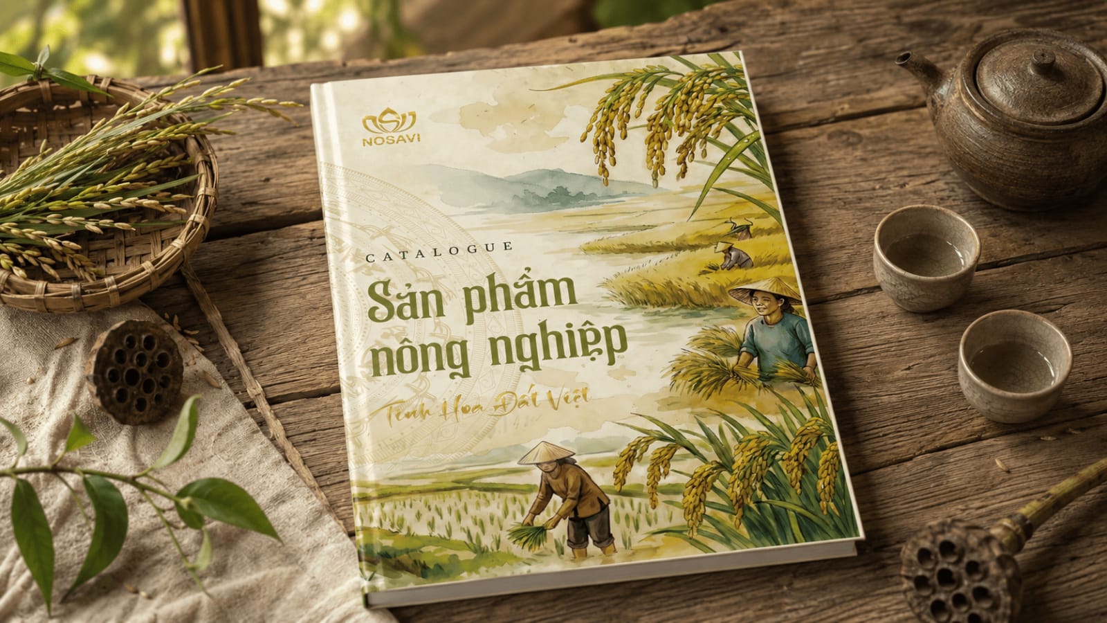 Bìa catalogue NOSAVI tông olive green với tranh thuỷ mặc vẽ tay, định vị đặc sản nông nghiệp Việt rõ ràng