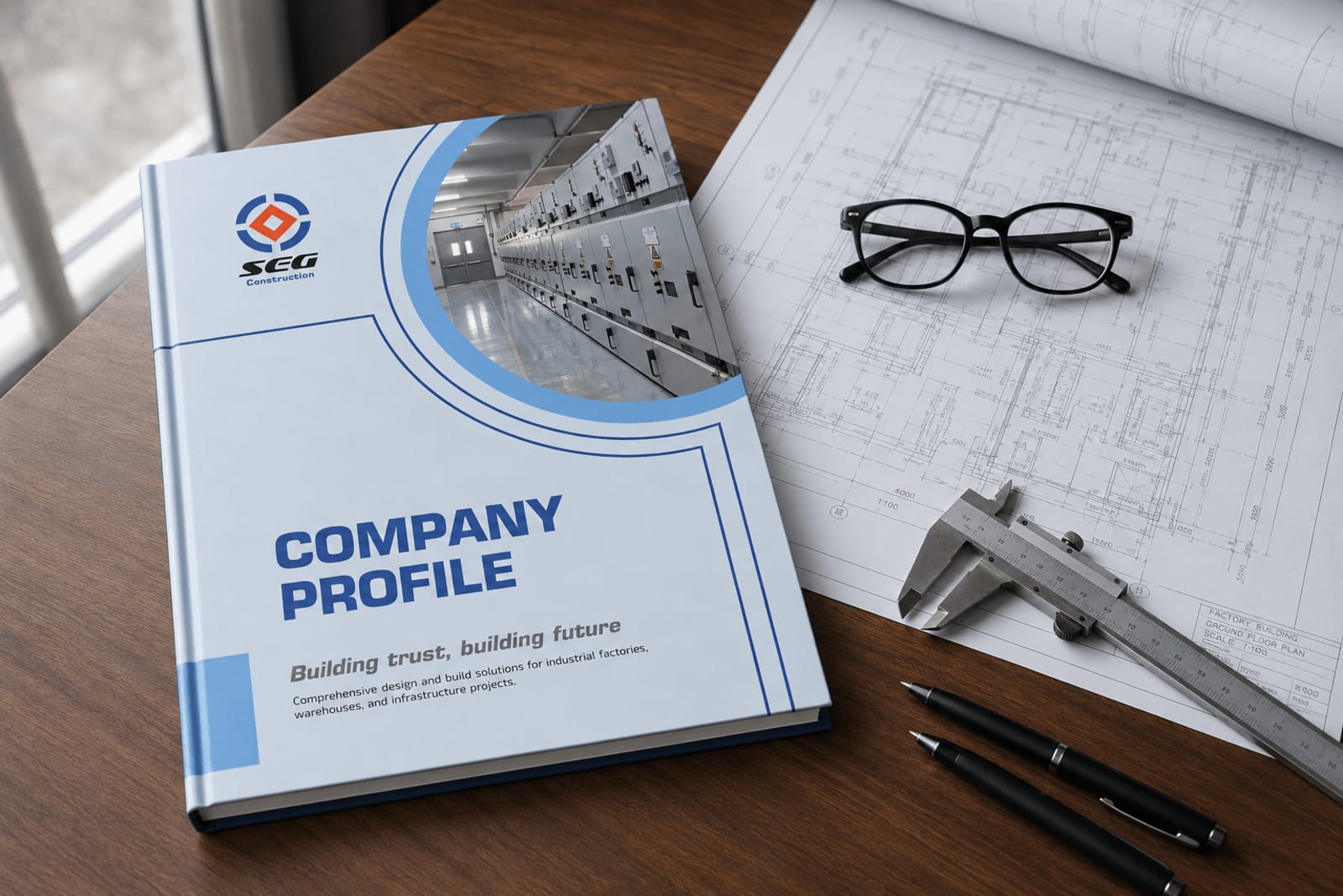 Quyển profile SEG mở trên bàn họp dự án nhà máy FDI, đối chiếu với bản vẽ kỹ thuật, thể hiện hệ chữ nhất quán
