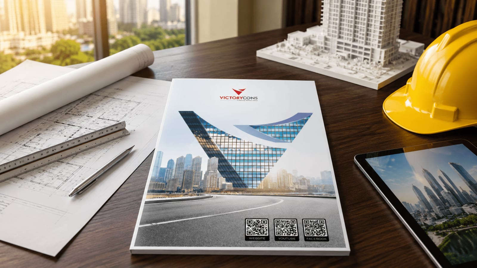 Bìa company profile VICTORYCONS với chữ V đỏ trên nền skyline thành phố, bố cục tối giản có điểm nhấn rõ ràng