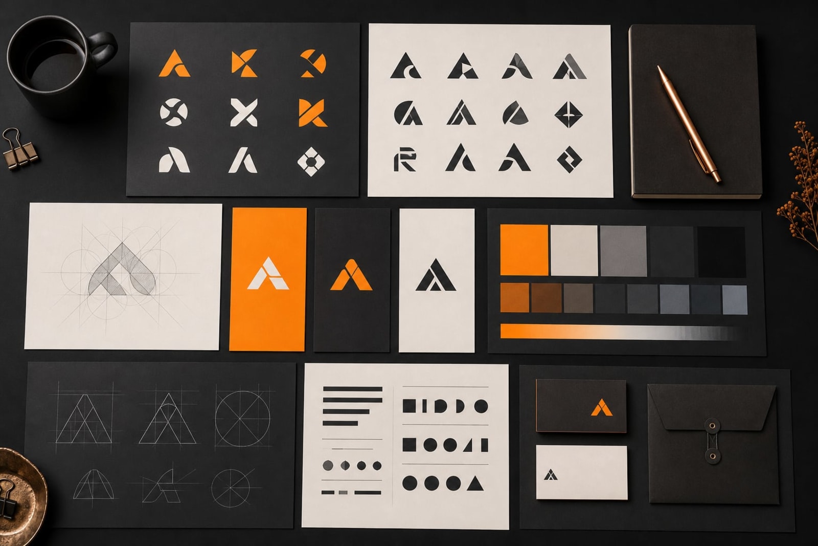 Các phương án logo, bảng màu và typography trong quá trình phát triển nhận diện thương hiệu