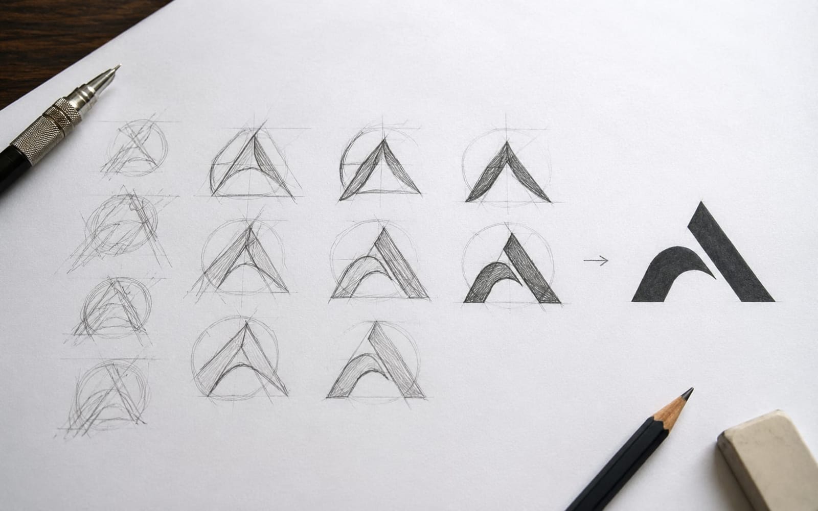Các bản phác thảo logo tiến hoá từ nét chì thô ráp tới một biểu tượng tinh gọn cuối cùng