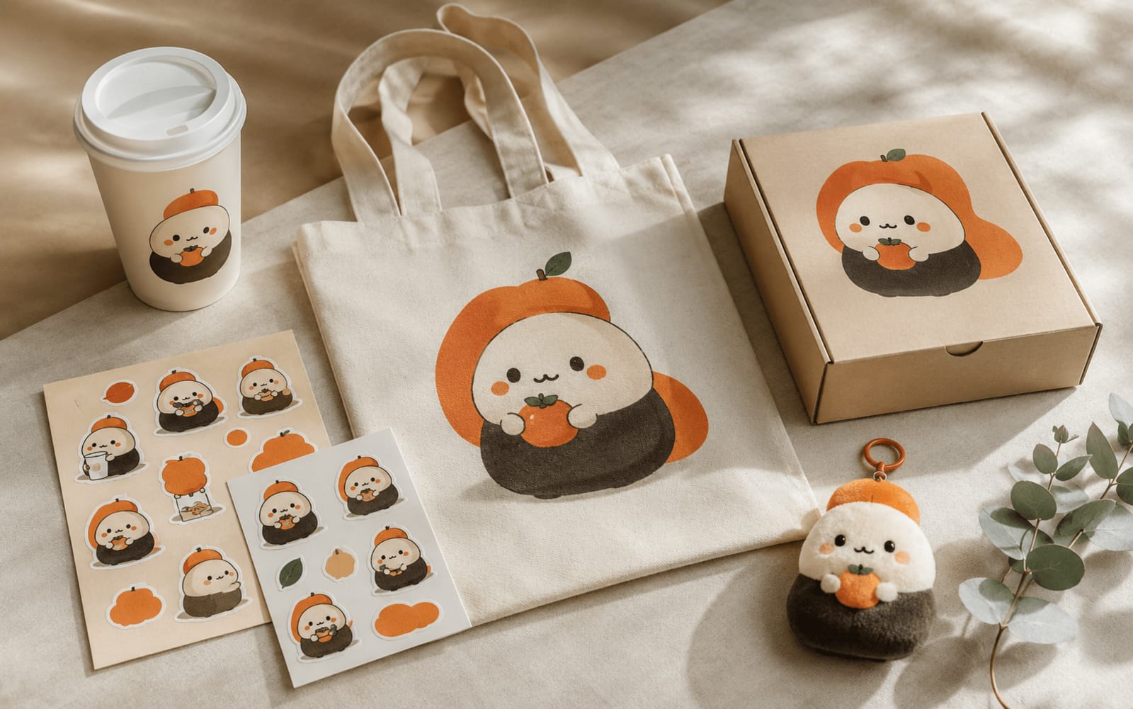 Linh vật thương hiệu được in trên ly giấy, túi vải, tờ sticker và hộp bao bì