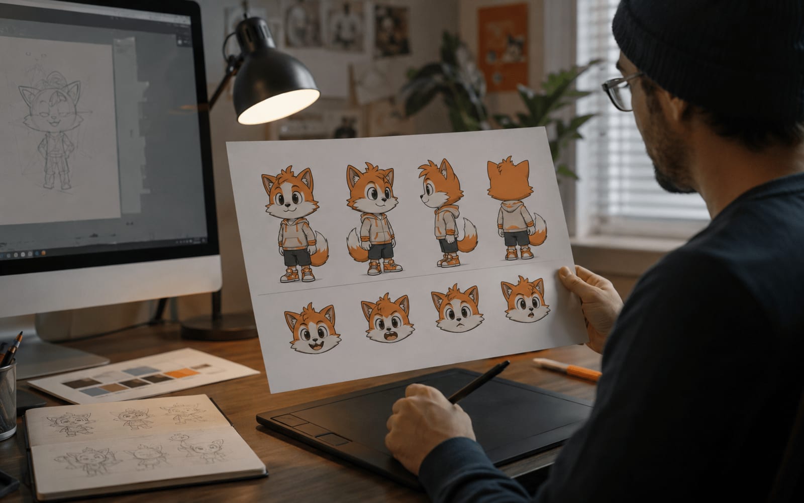 Nhà thiết kế đang rà soát bản model sheet của một linh vật với nhiều góc xoay và biểu cảm