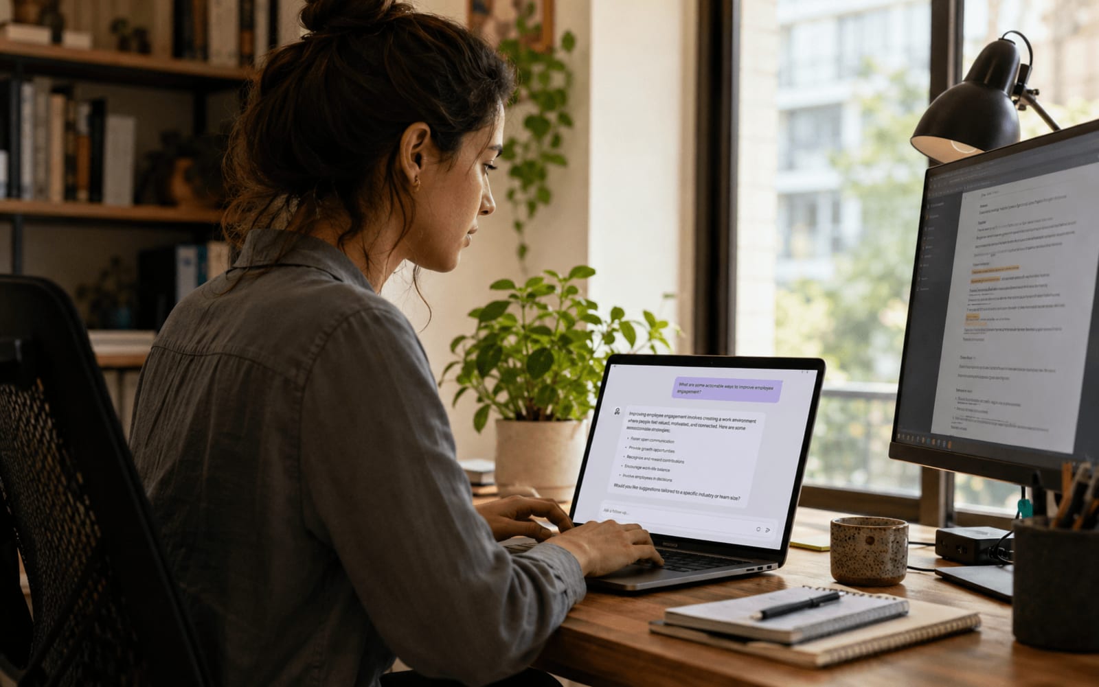 Một người dùng gõ câu hỏi vào trợ lý AI trên màn hình laptop