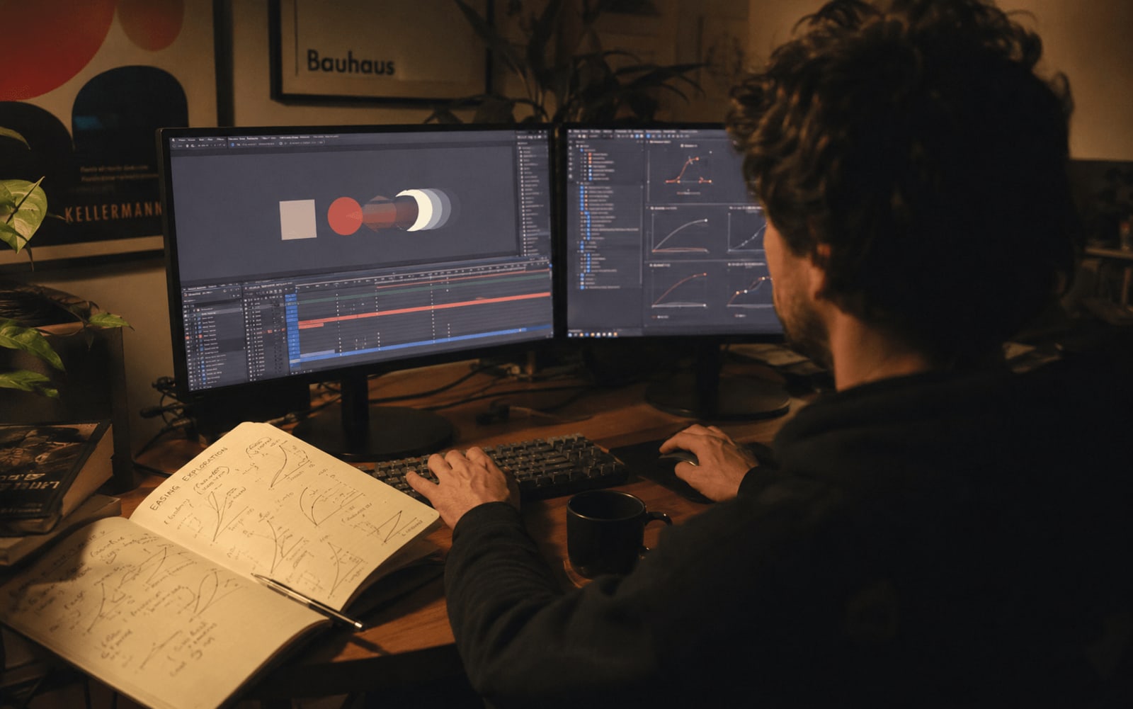 Ảnh chụp qua vai một motion designer đang dựng chuyển động logo trên hai màn hình, cạnh bàn là sổ phác thảo các đường cong easing