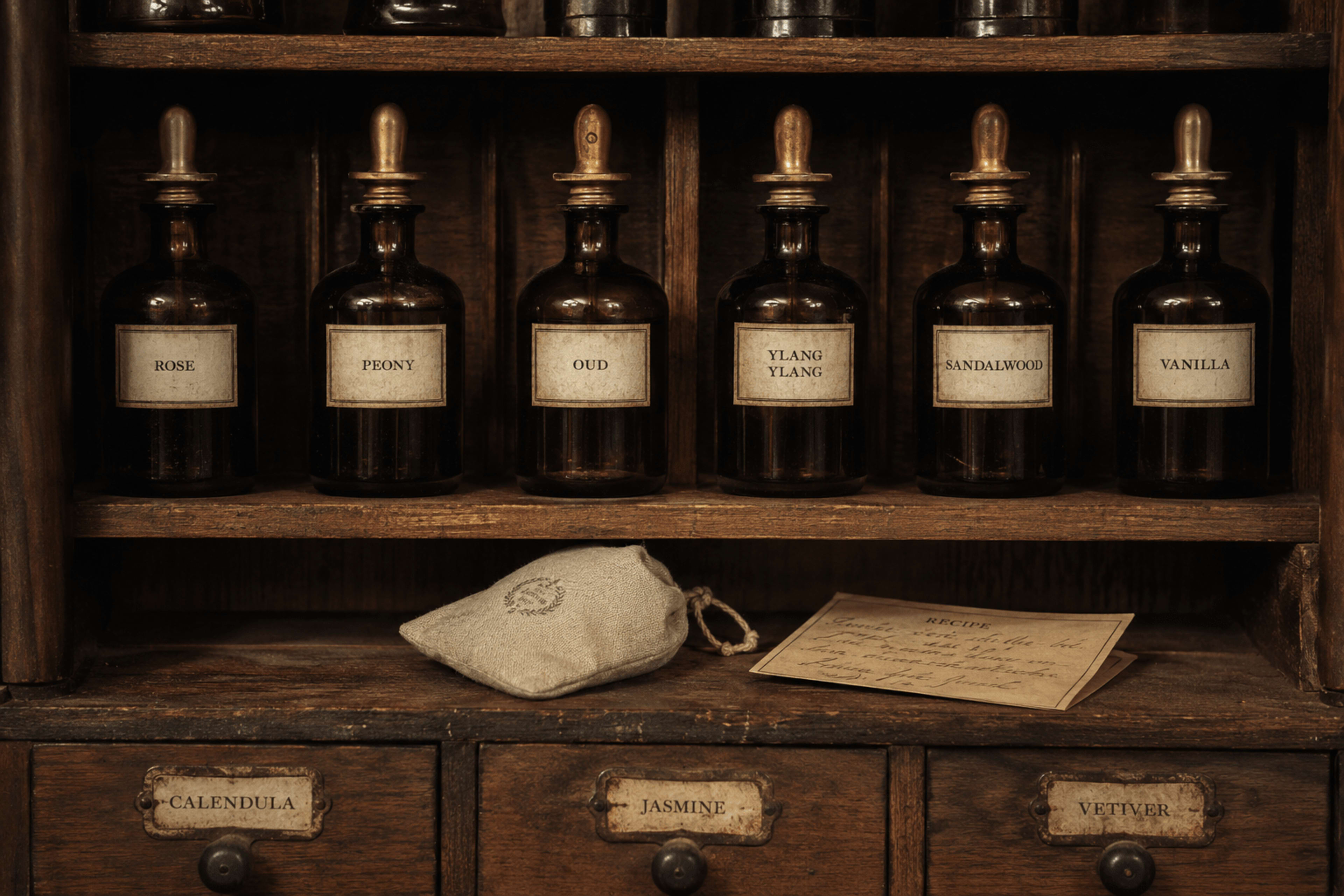 Kệ apothecary lọ tinh dầu nâu