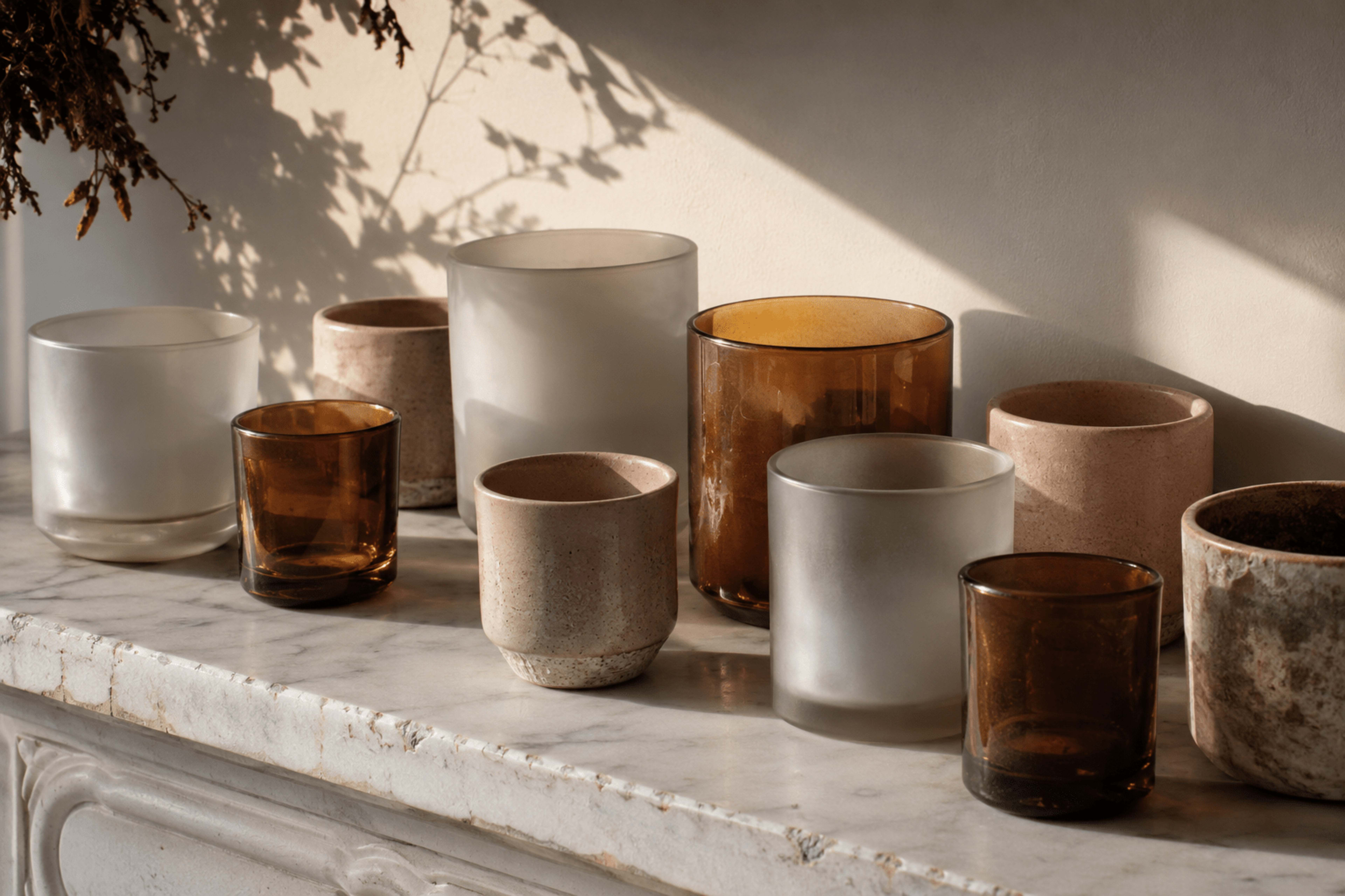 Bộ sưu tập lọ nến trên kệ marble
