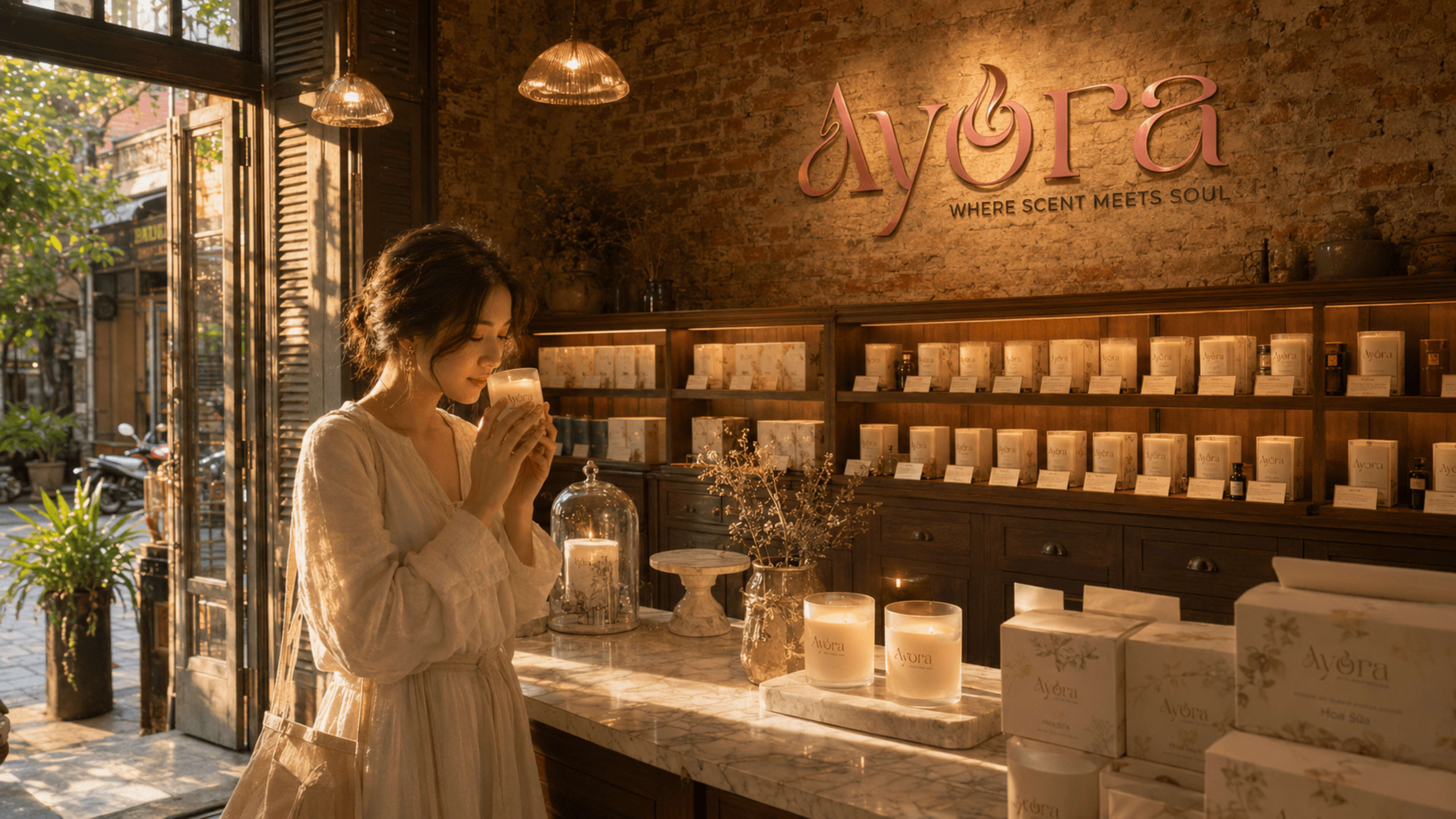 Khách ghé boutique Ayora trên phố Hàng Bún buổi chiều, ngửi nến giữa kệ apothecary và channel-letter rose gold phía sau.