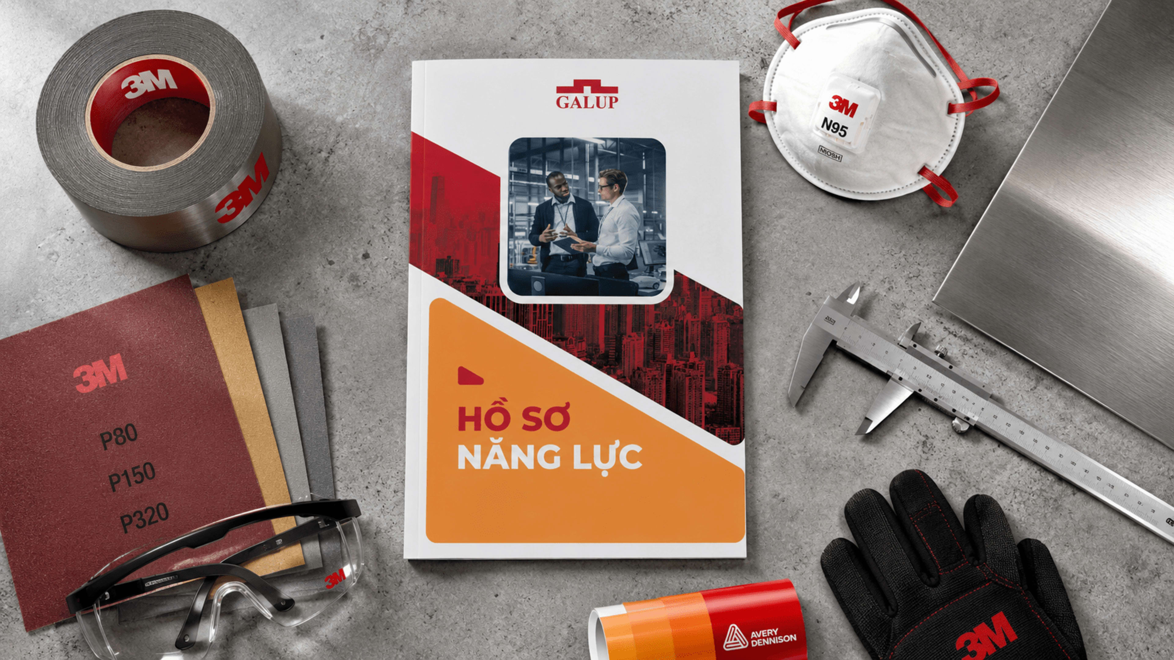 Flat-lay editorial: profile + 3M tape, sandpaper, safety gear