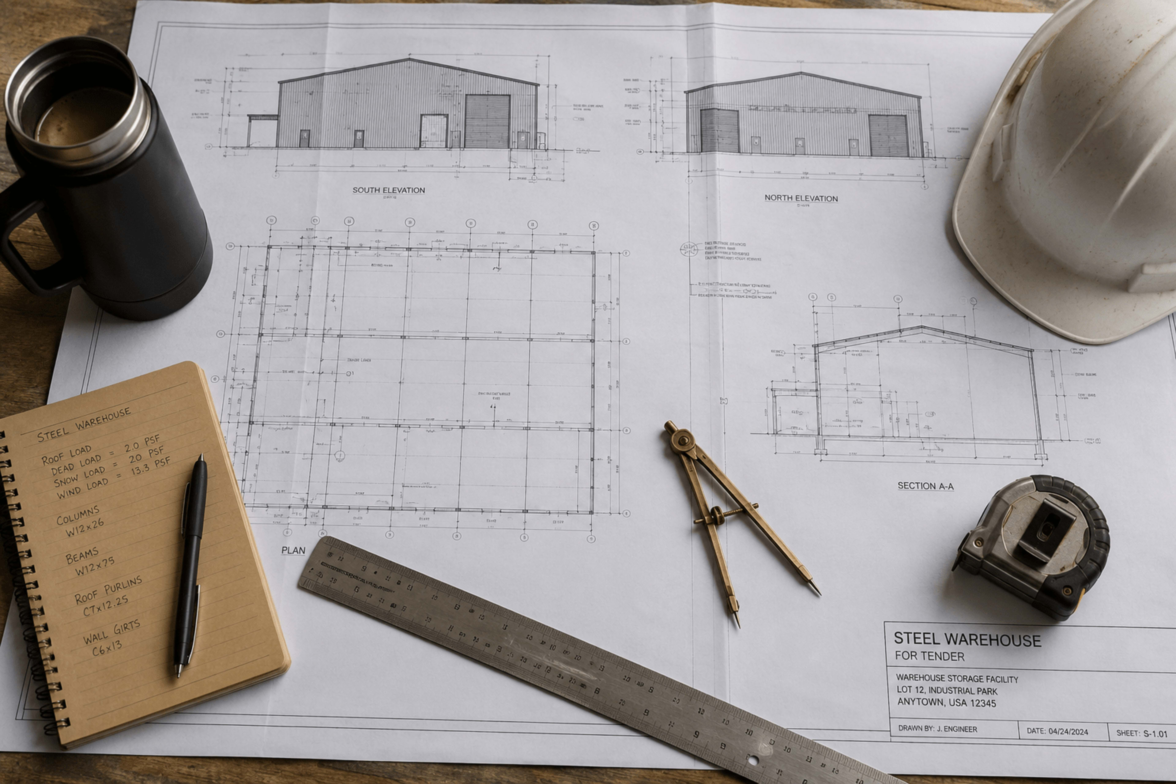 Bản vẽ kỹ thuật trên bàn engineer