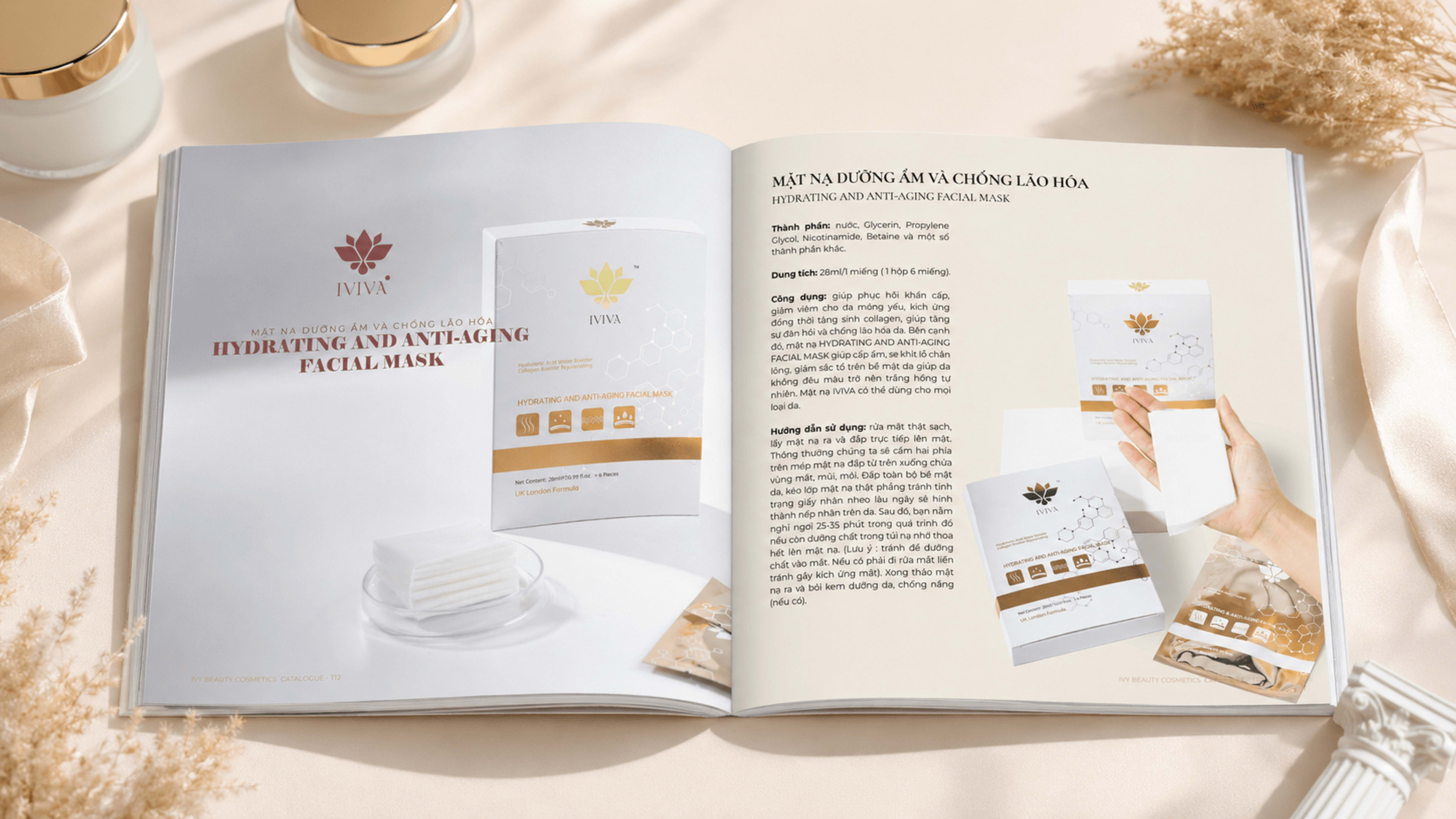 Sản phẩm đặc trị IVIVA — serum vitamin C, hyaluronic + công dụng dưỡng ẩm phục hồi da, ảnh studio sang trọng