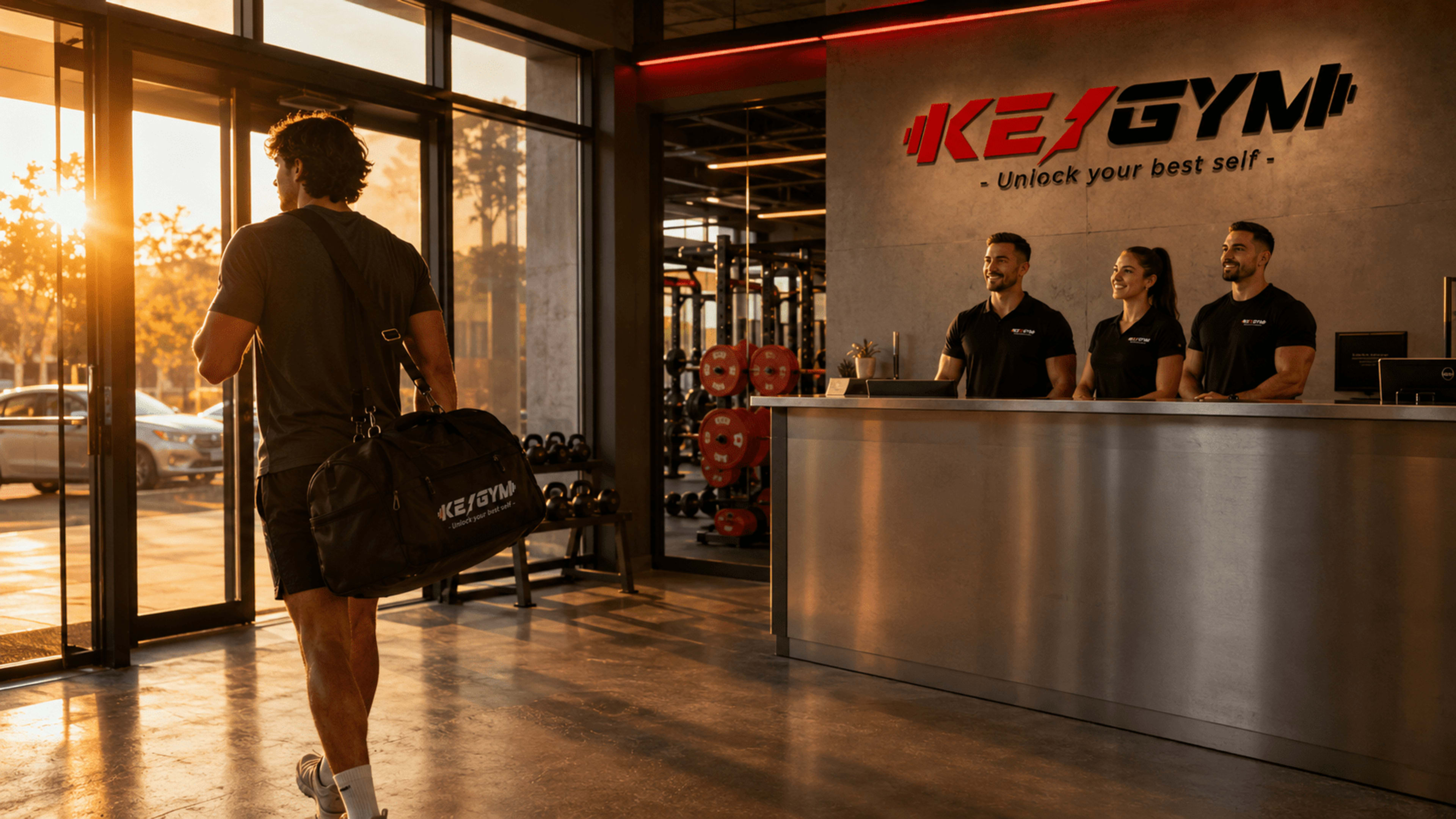 Member bước ra khỏi chi nhánh Trường Chinh giờ vàng, túi duffel có logo Keygym thêu bạc, signage channel-letter sáng nhẹ phía sau.