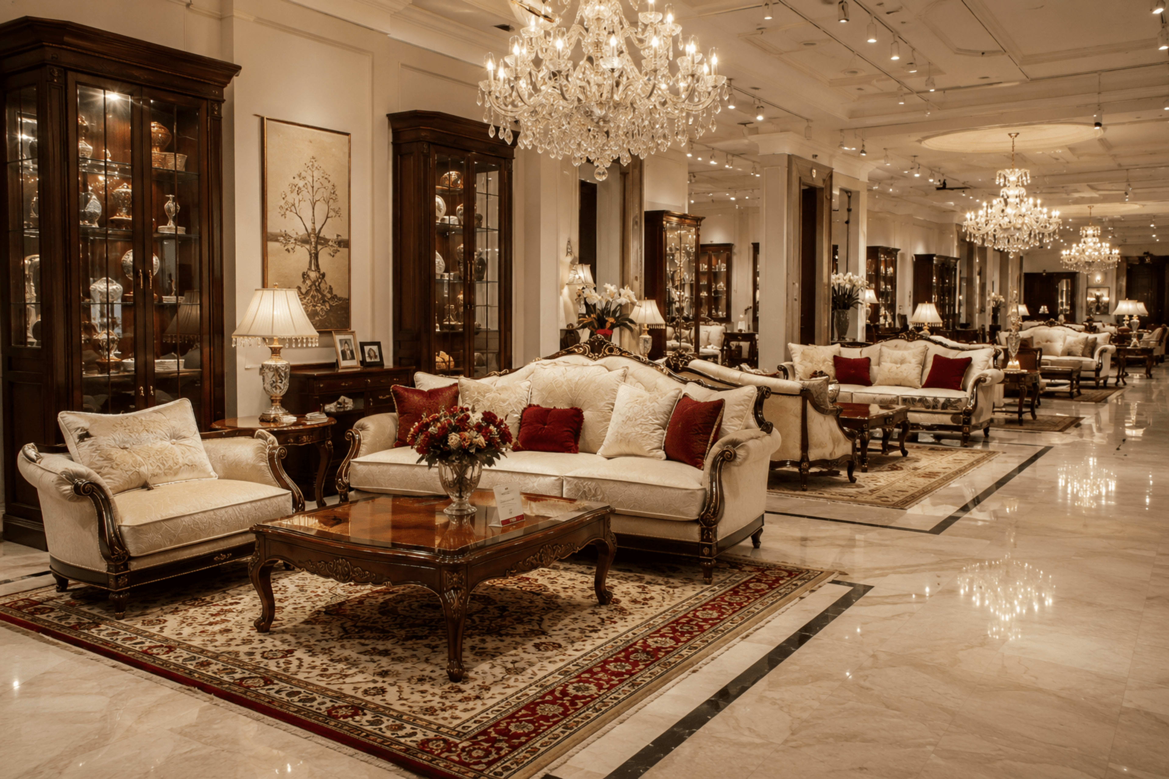 Showroom đèn chùm xếp sofa