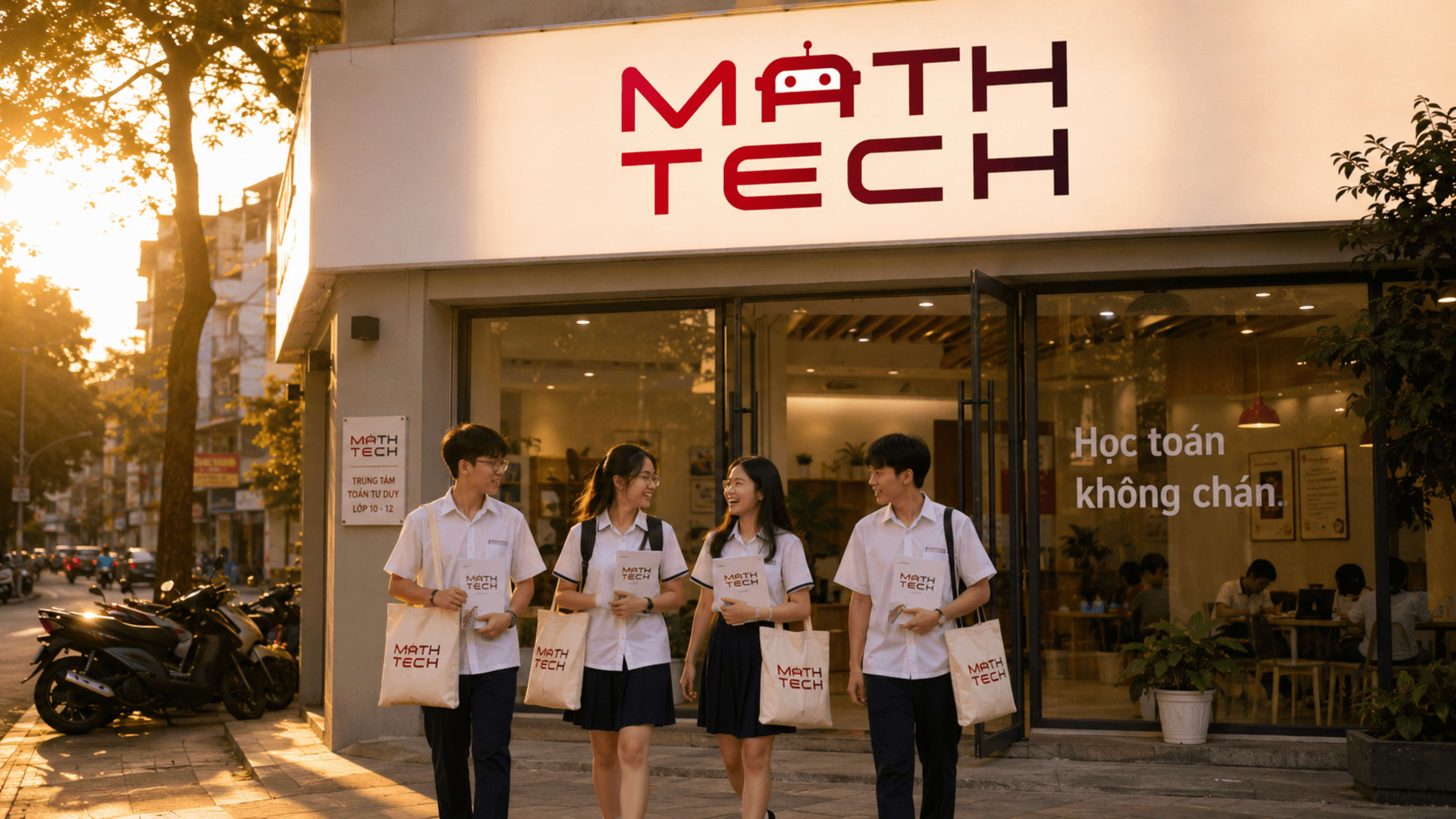 Mathtech cuối buổi học, học sinh ra về với sách và túi tote logo.