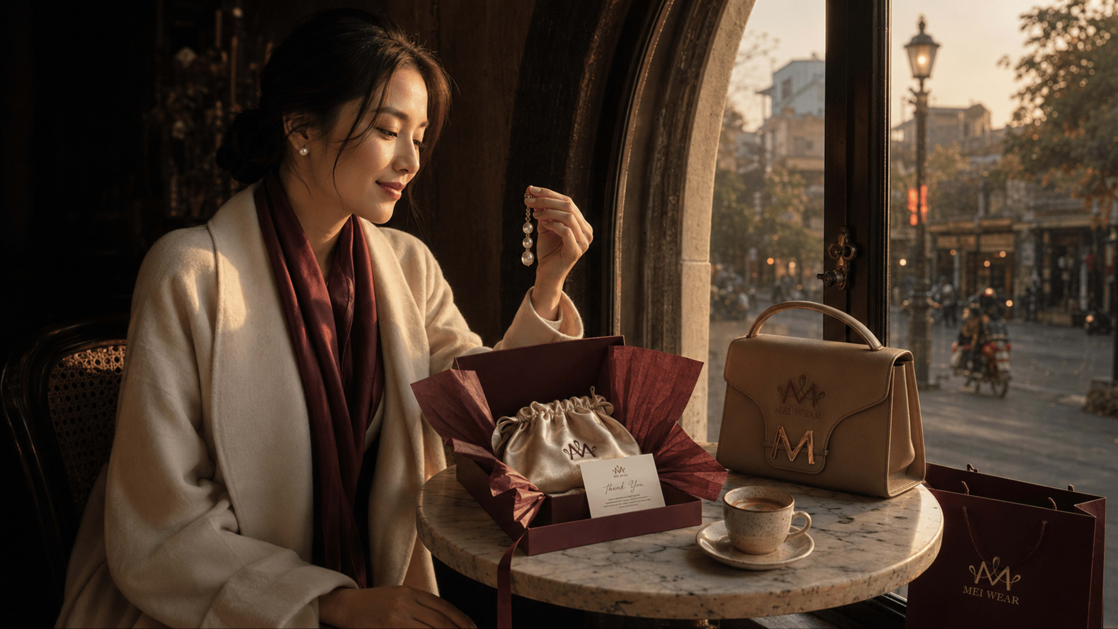 Khách bước ra khỏi boutique Mei Wear cuối ngày, túi giấy burgundy in foil sâm panh trên tay.