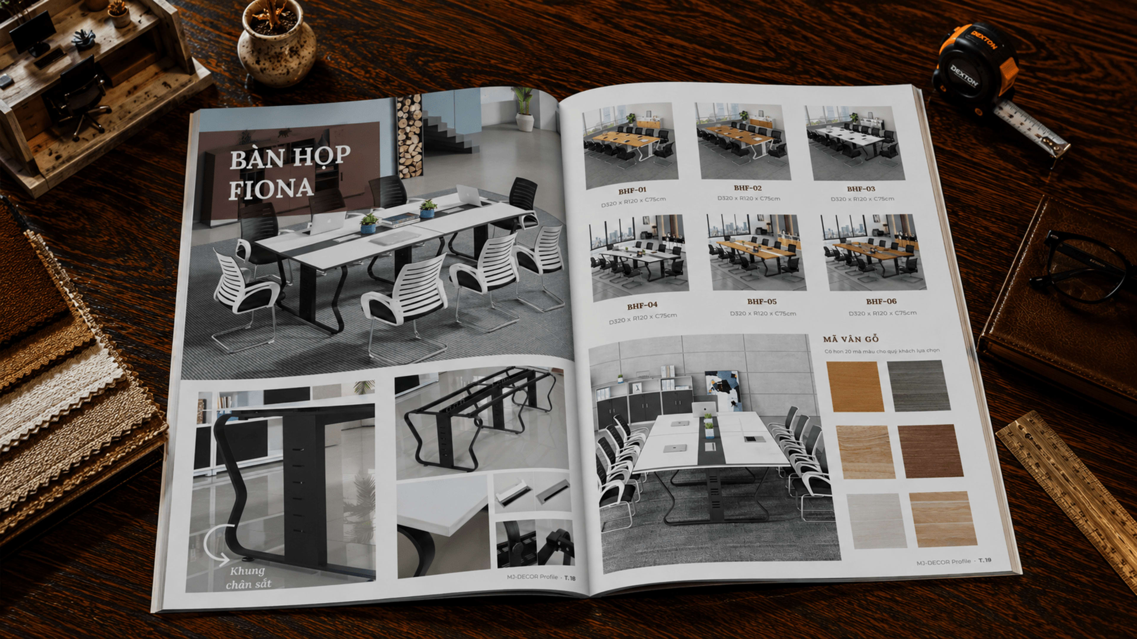 Sản phẩm BÀN HỌP FIONA — meeting table dòng Fiona + khung chân sắt + mã vân gỗ