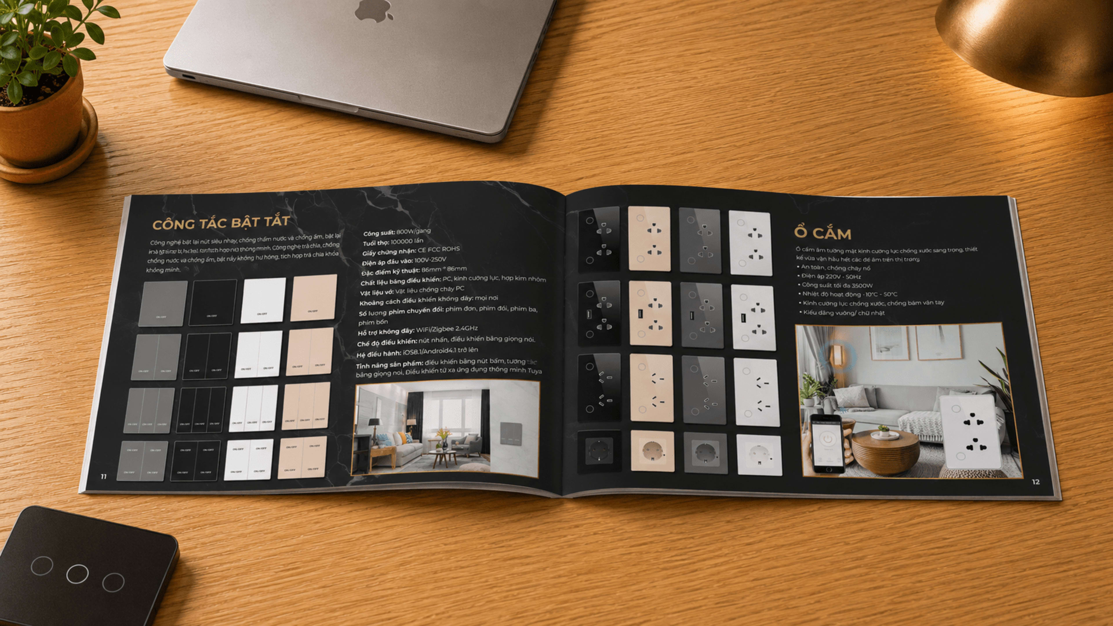 Giải pháp an ninh — cảm biến cửa, cảm biến chuyển động gắn tường, cảm biến chuyển động để bàn + iPhone hiển thị app smart home + nhà biệt thự kính làm background