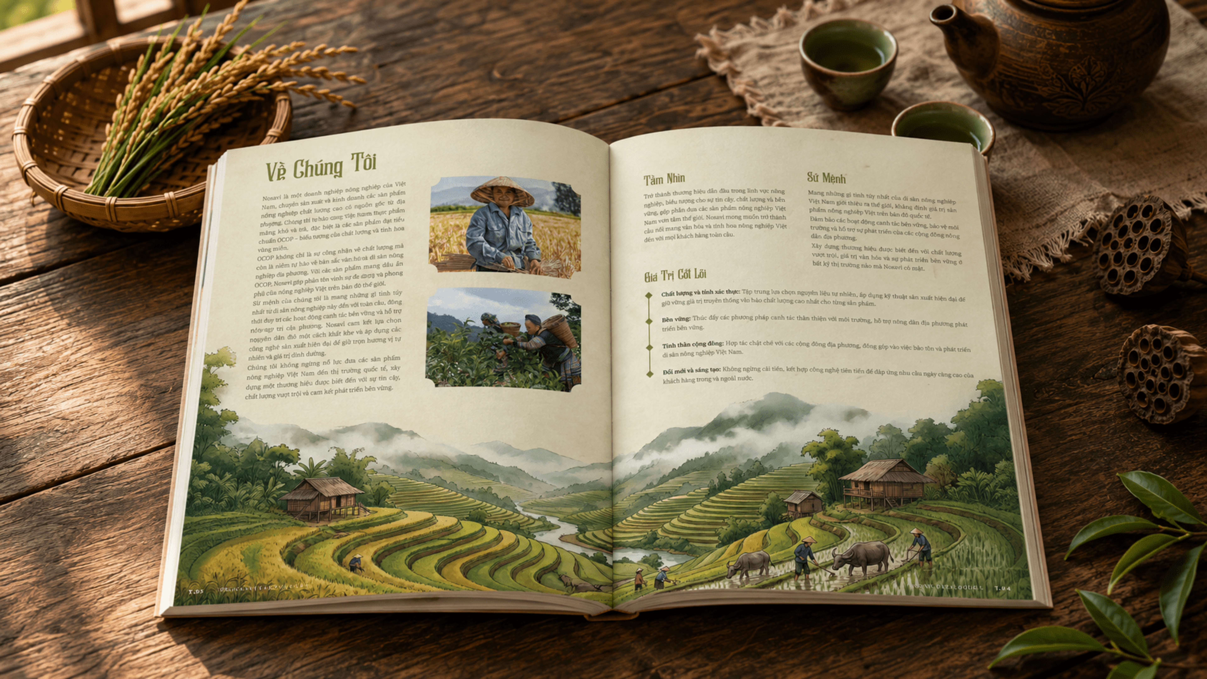 Về chúng tôi · Tầm nhìn — Sứ mệnh — 4 giá trị cốt lõi (OCOP, bền vững, cộng đồng, đổi mới)